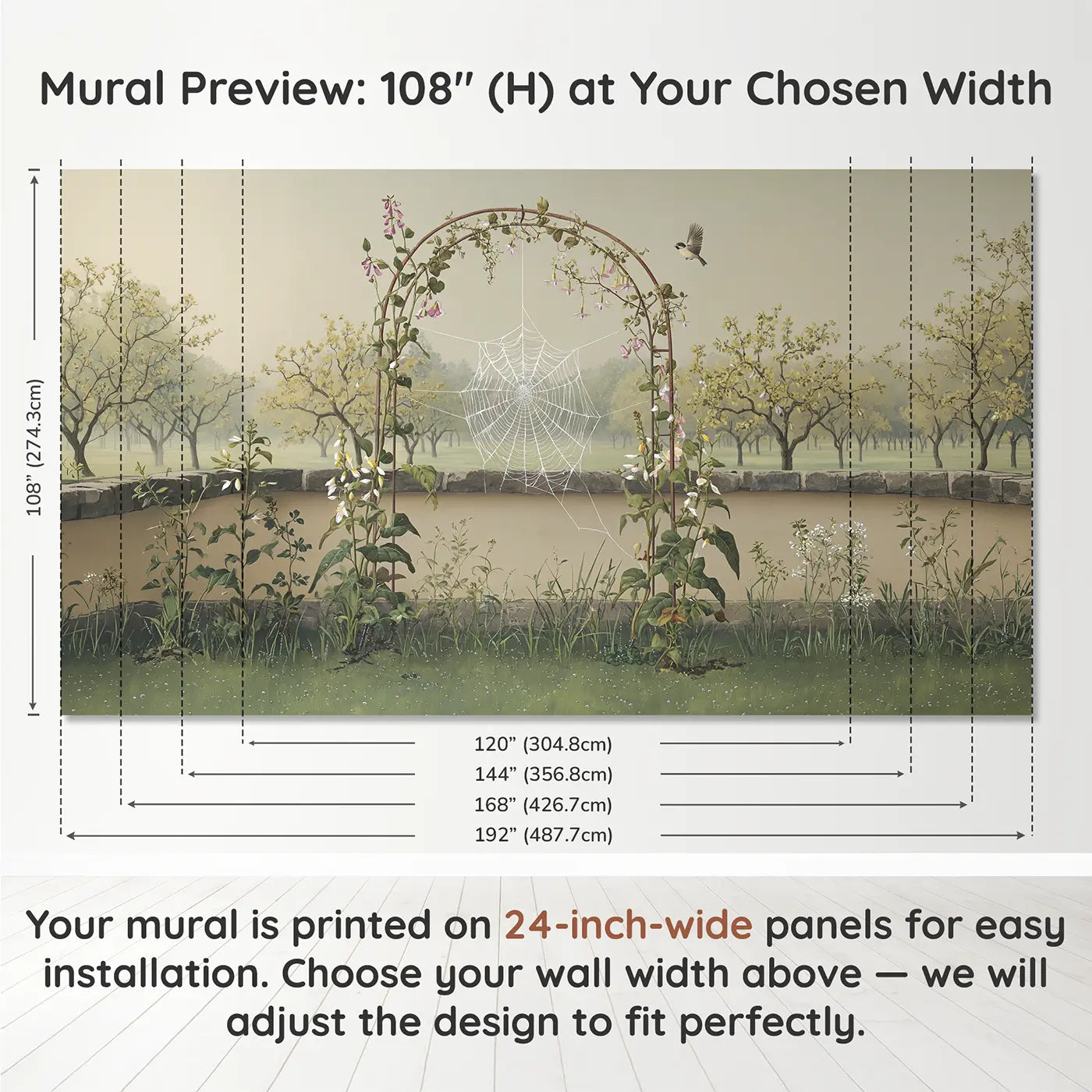 Panel layout and dimensions for Garden Spider Web Morning Wallpaper Mural by Whimsy Tots