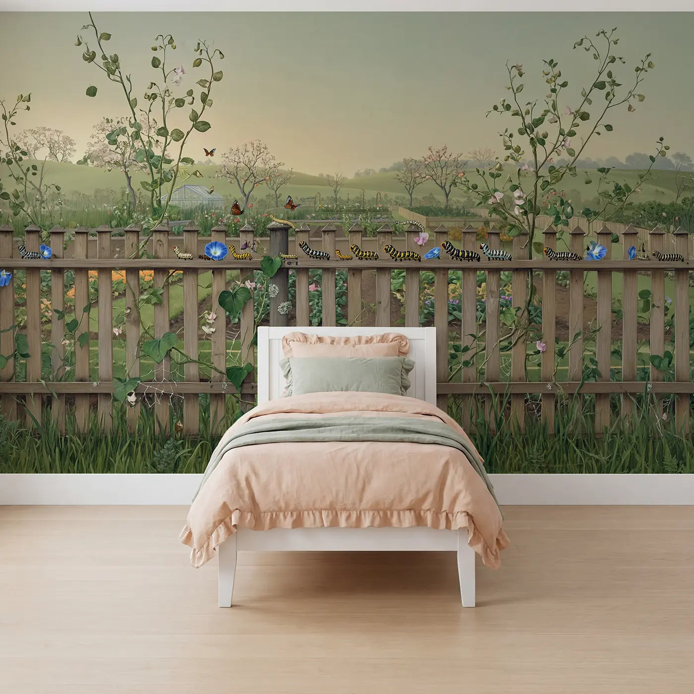 botanical elegance caterpillar parade garden fence butterflies mural for girls room by Whimsy Tots