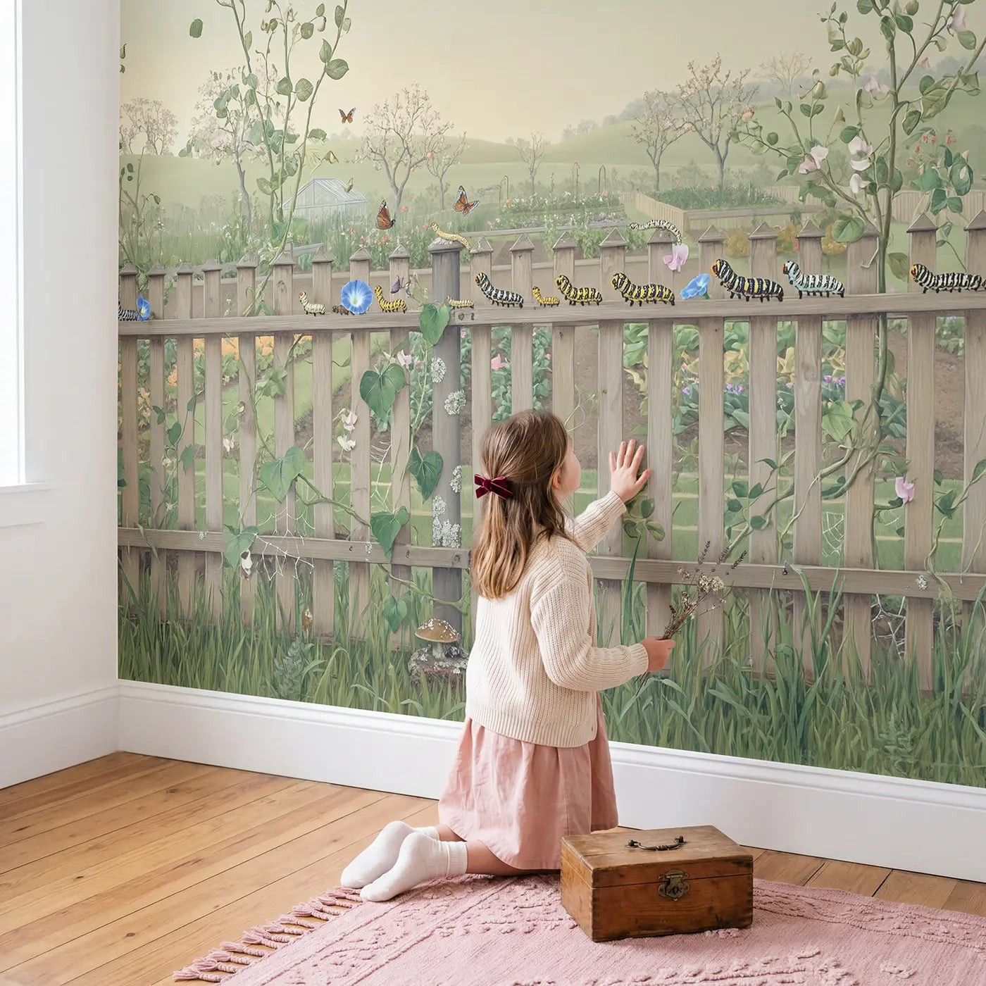 Child in nursery with Caterpillar Garden Parade Wallpaper Mural by Whimsy Tots