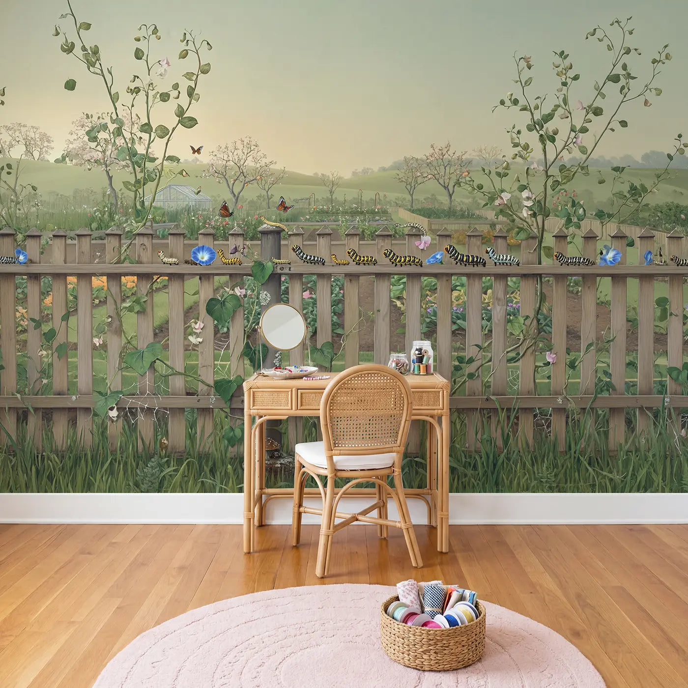 Caterpillar Garden Parade Wallpaper Mural in playroom setting by Whimsy Tots