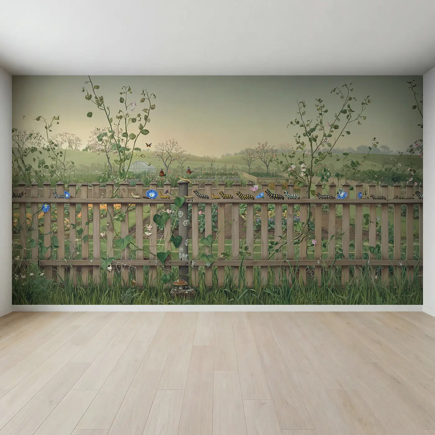 Full view of Caterpillar Garden Parade Wallpaper Mural by Whimsy Tots