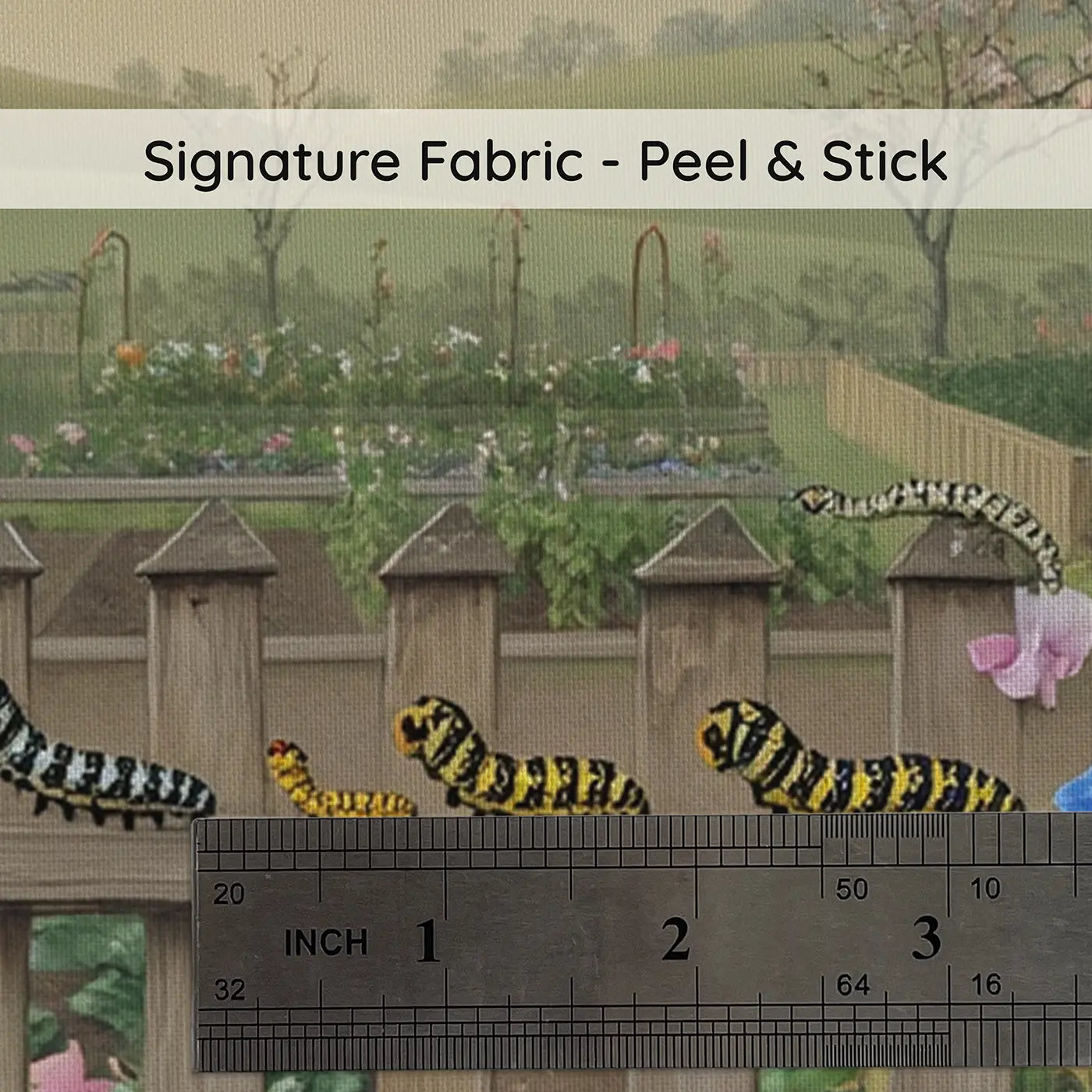 Fabric texture close-up of Caterpillar Garden Parade Wallpaper Mural by Whimsy Tots