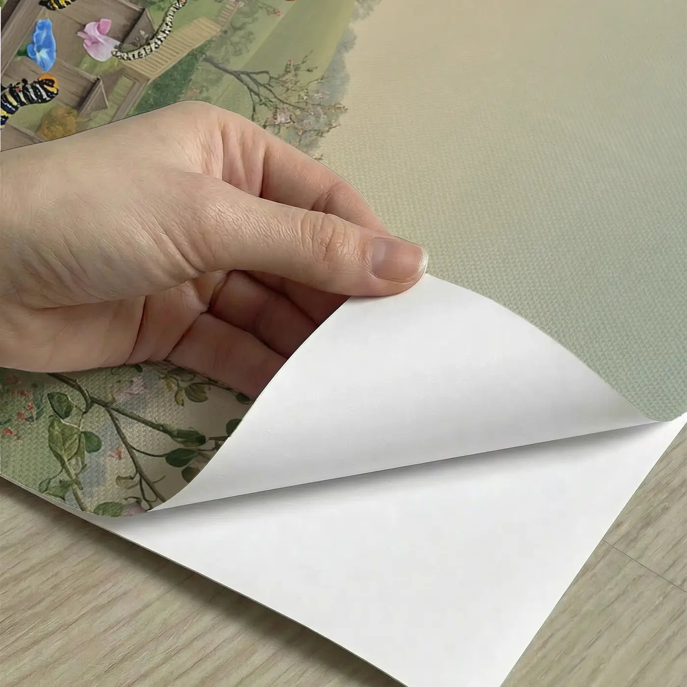 Peel-and-stick detail of Caterpillar Garden Parade Wallpaper Mural by Whimsy Tots