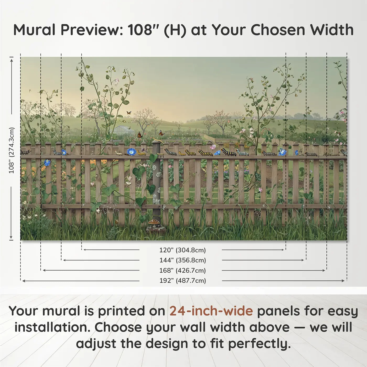 Panel layout and dimensions for Caterpillar Garden Parade Wallpaper Mural by Whimsy Tots