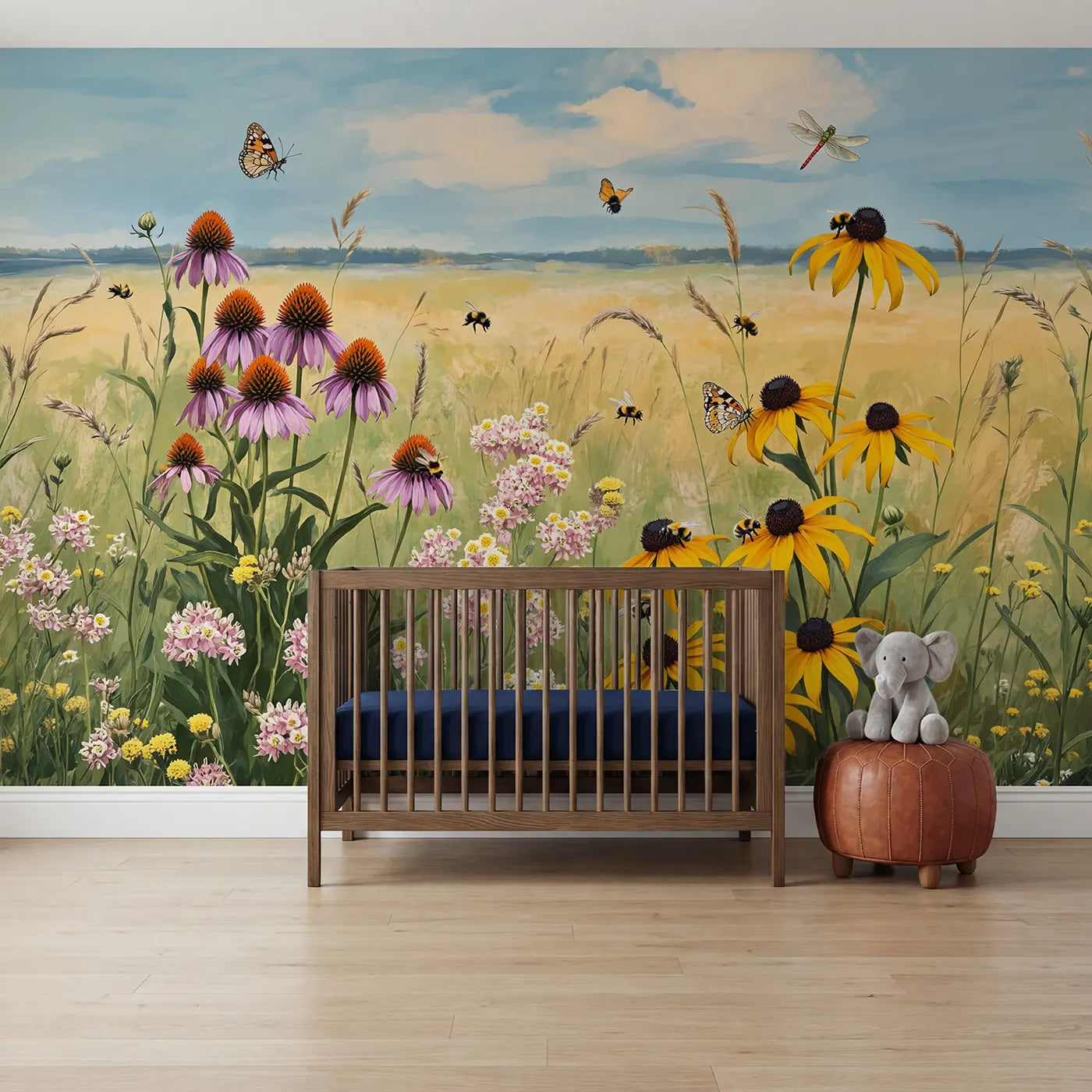 Soft pastel prairie wildflower garden butterfly wallpaper mural for kids room by Whimsy Tots