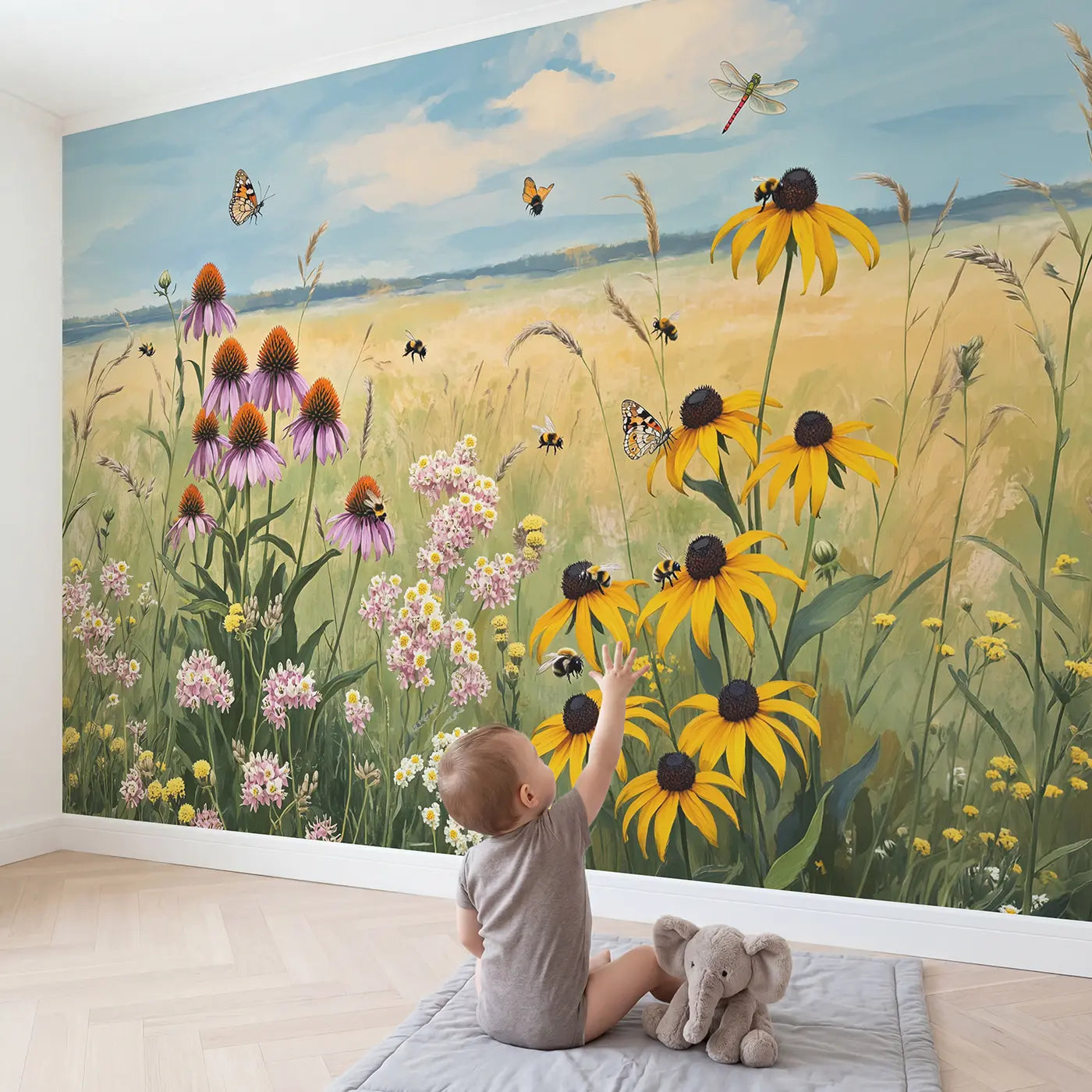 Child in nursery with Prairie Wildflower Garden Wallpaper Mural by Whimsy Tots