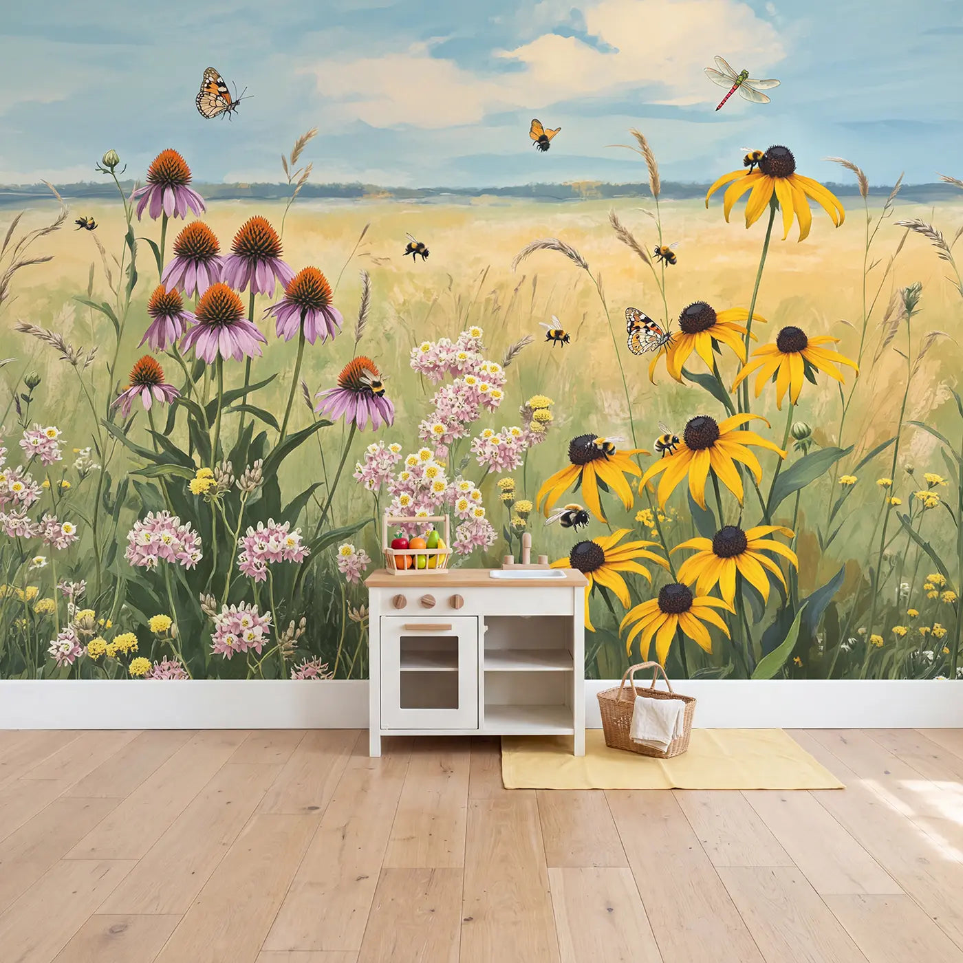 Prairie Wildflower Garden Wallpaper Mural in playroom setting by Whimsy Tots