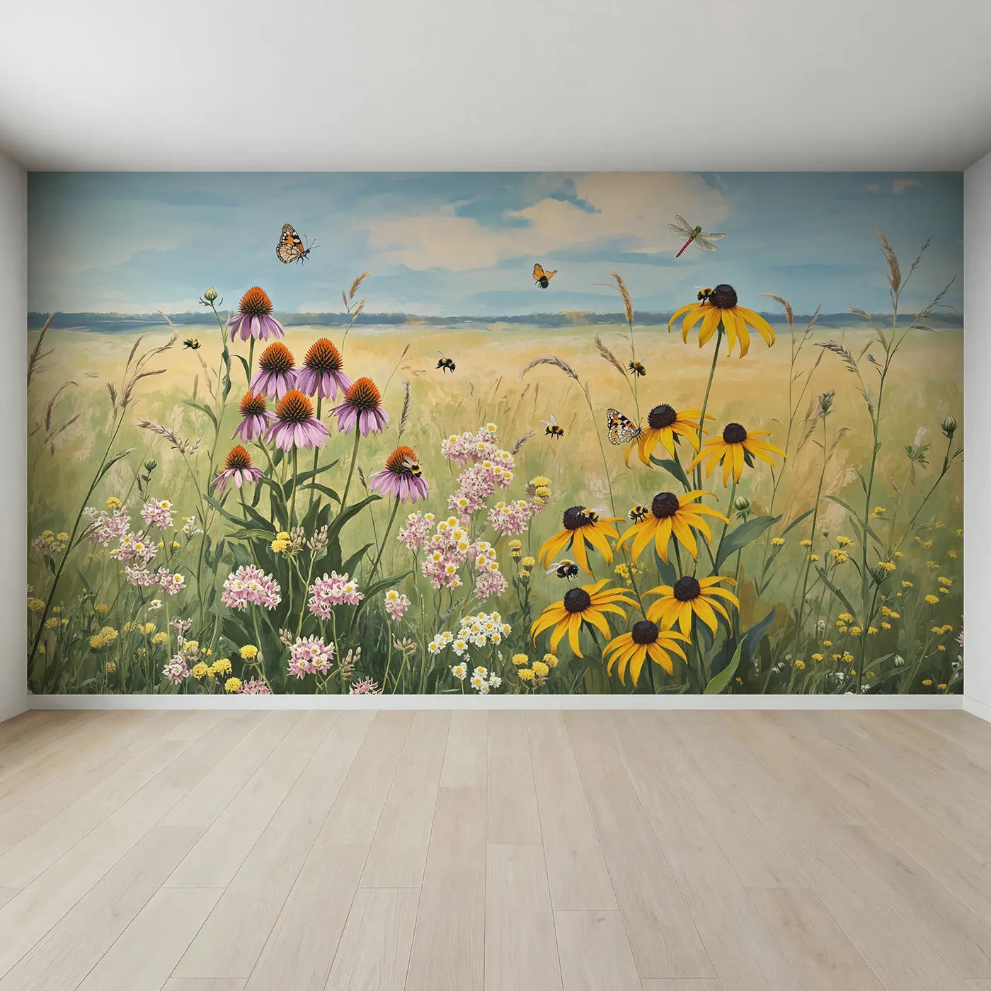 Full view of Prairie Wildflower Garden Wallpaper Mural by Whimsy Tots