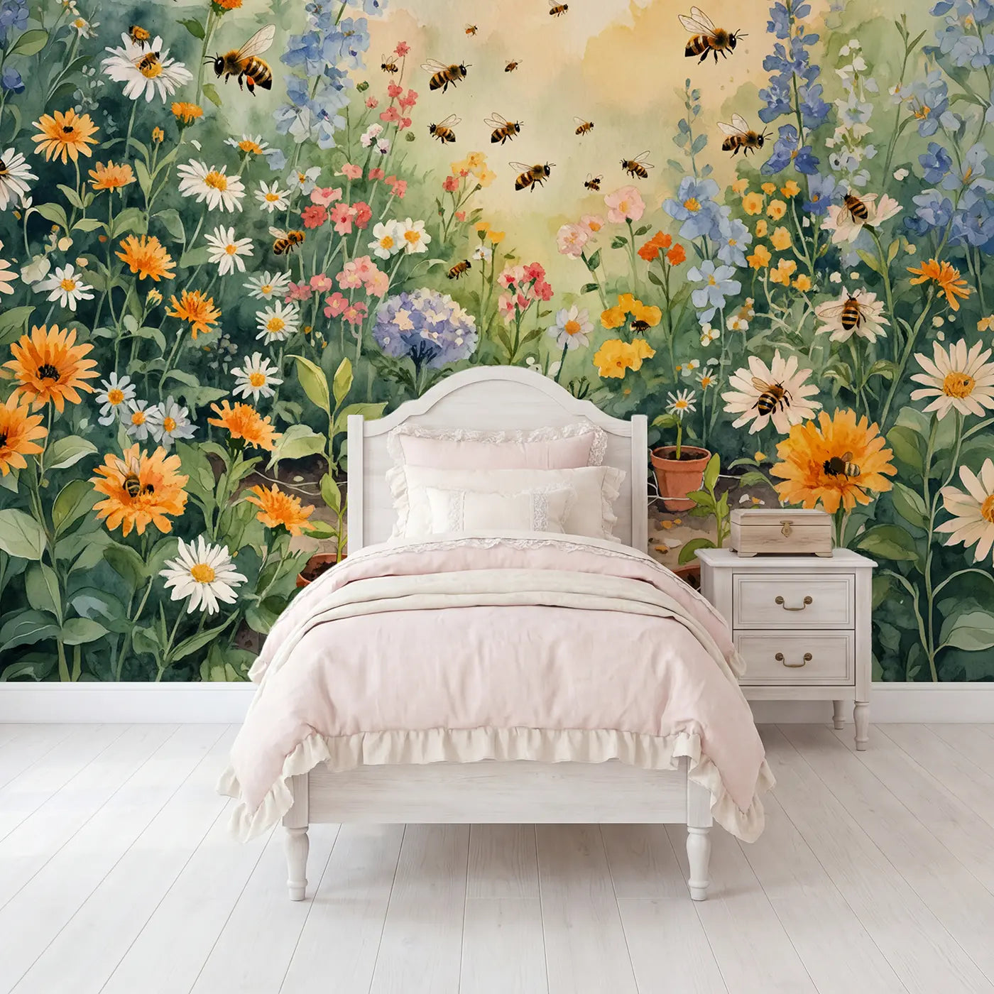 watercolor bees hive entrance garden wallpaper mural for girls room by Whimsy Tots