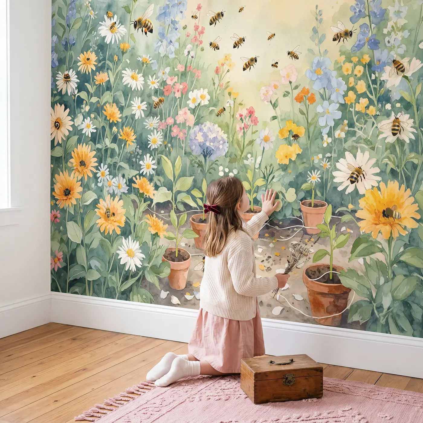 Child in nursery with Bees Hive Entrance Surrounding Wallpaper Mural by Whimsy Tots