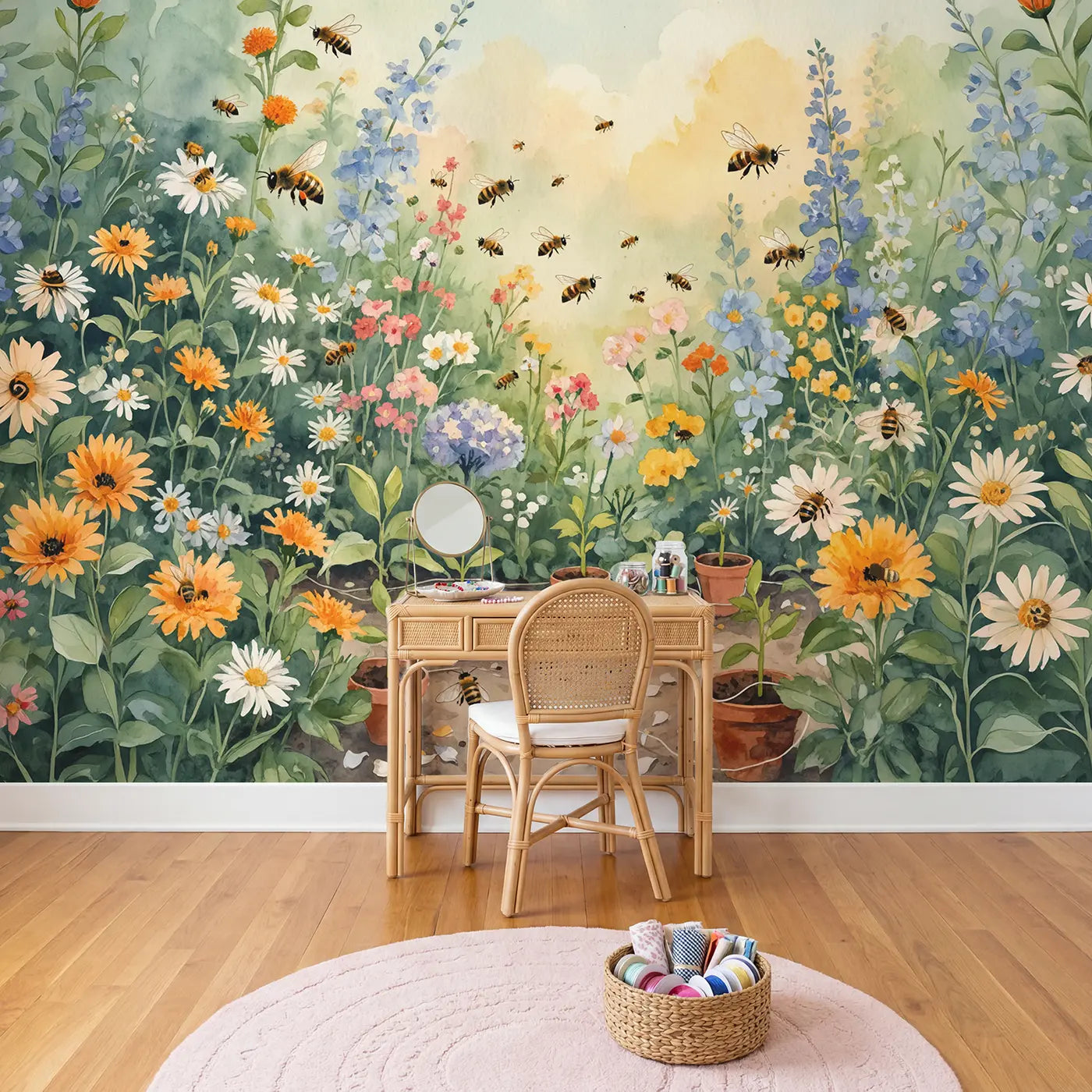 Bees Hive Entrance Surrounding Wallpaper Mural in playroom setting by Whimsy Tots