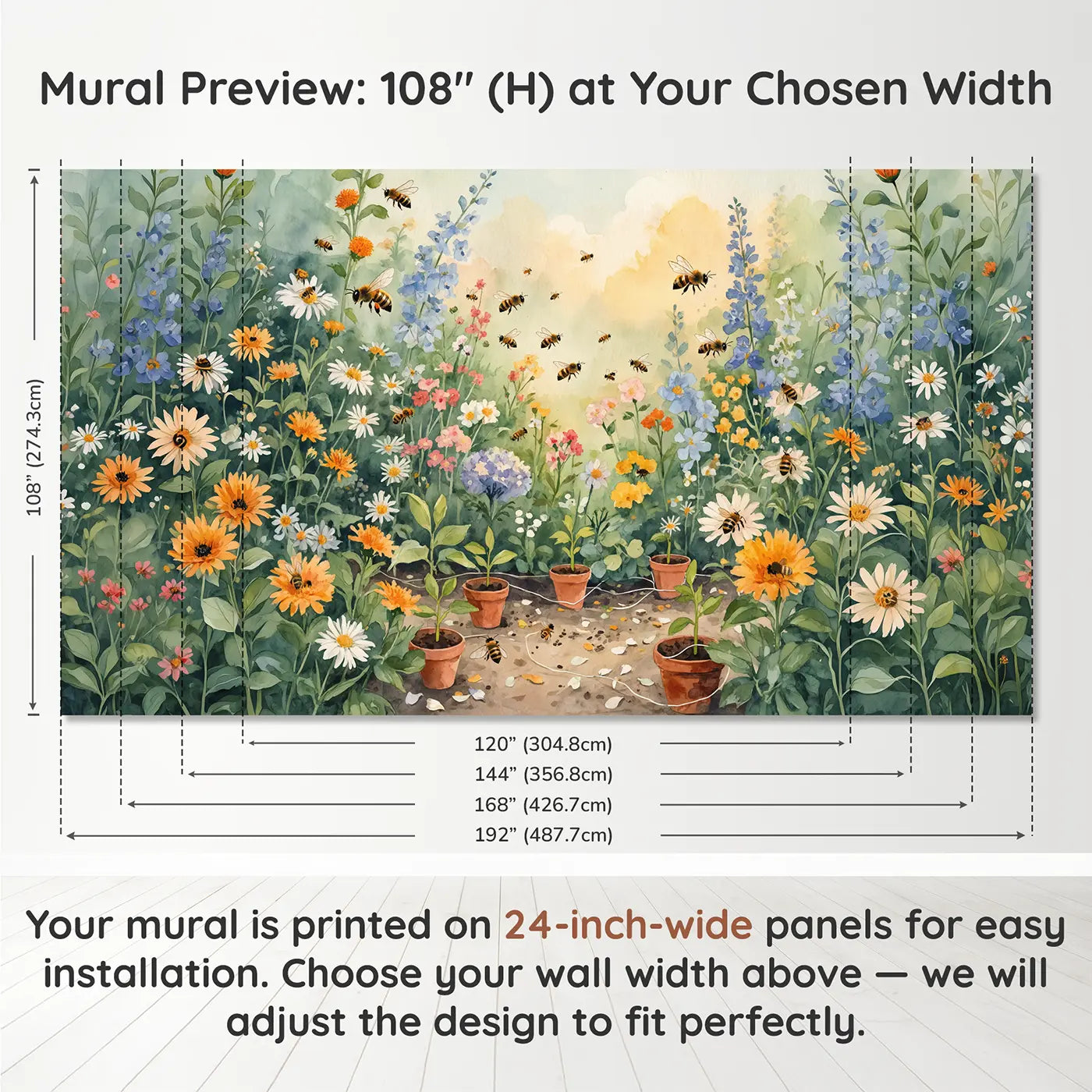 Panel layout and dimensions for Bees Hive Entrance Surrounding Wallpaper Mural by Whimsy Tots