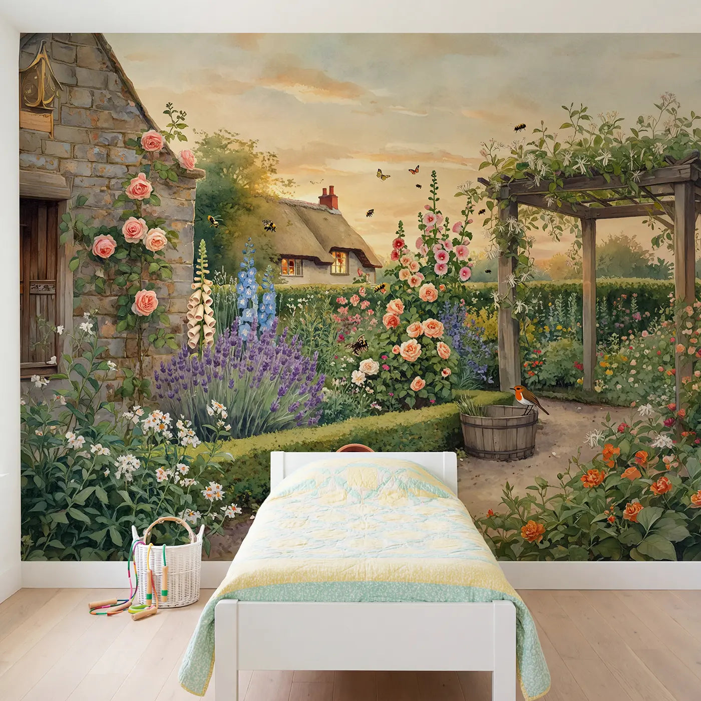 Watercolor English garden border butterfly wallpaper mural for girls room by Whimsy Tots