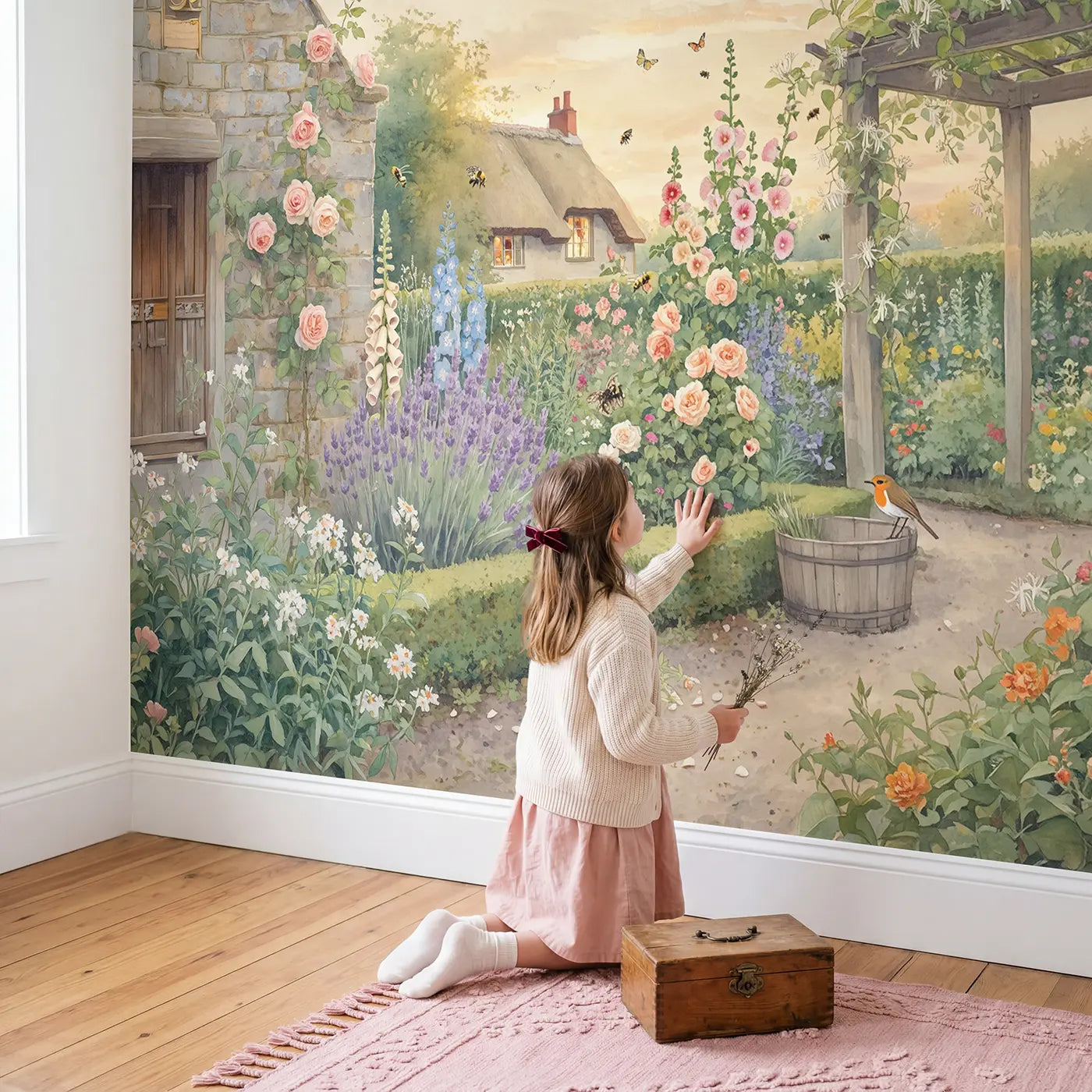 Child in nursery with English Garden Border Wallpaper Mural by Whimsy Tots