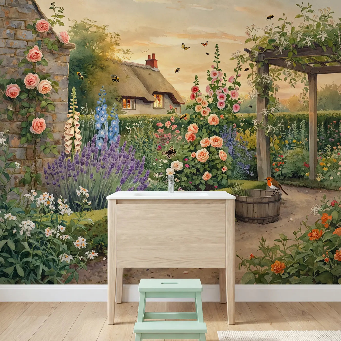 English Garden Border Wallpaper Mural in playroom setting by Whimsy Tots