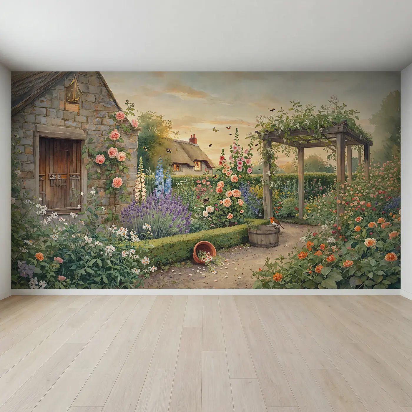 Full view of English Garden Border Wallpaper Mural by Whimsy Tots