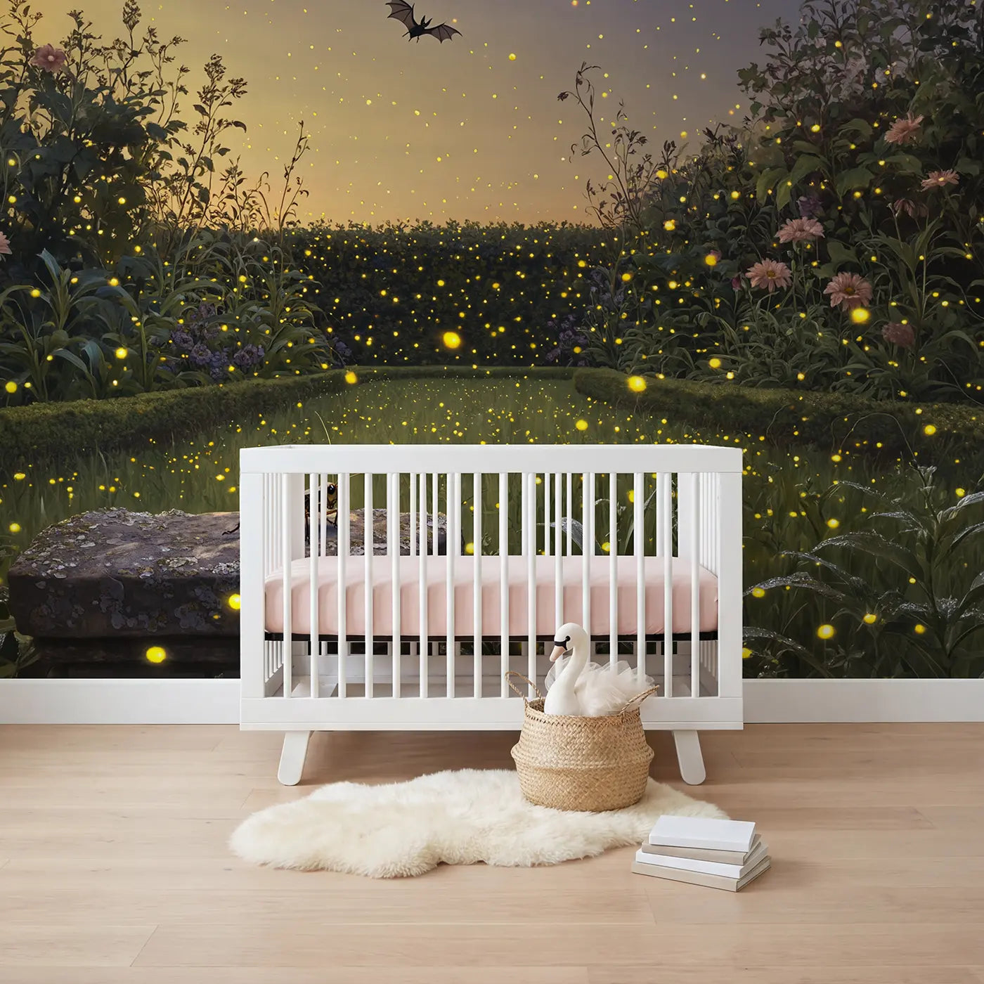 Botanical elegance fireflies and cricket at dusk wallpaper mural for nursery by Whimsy Tots