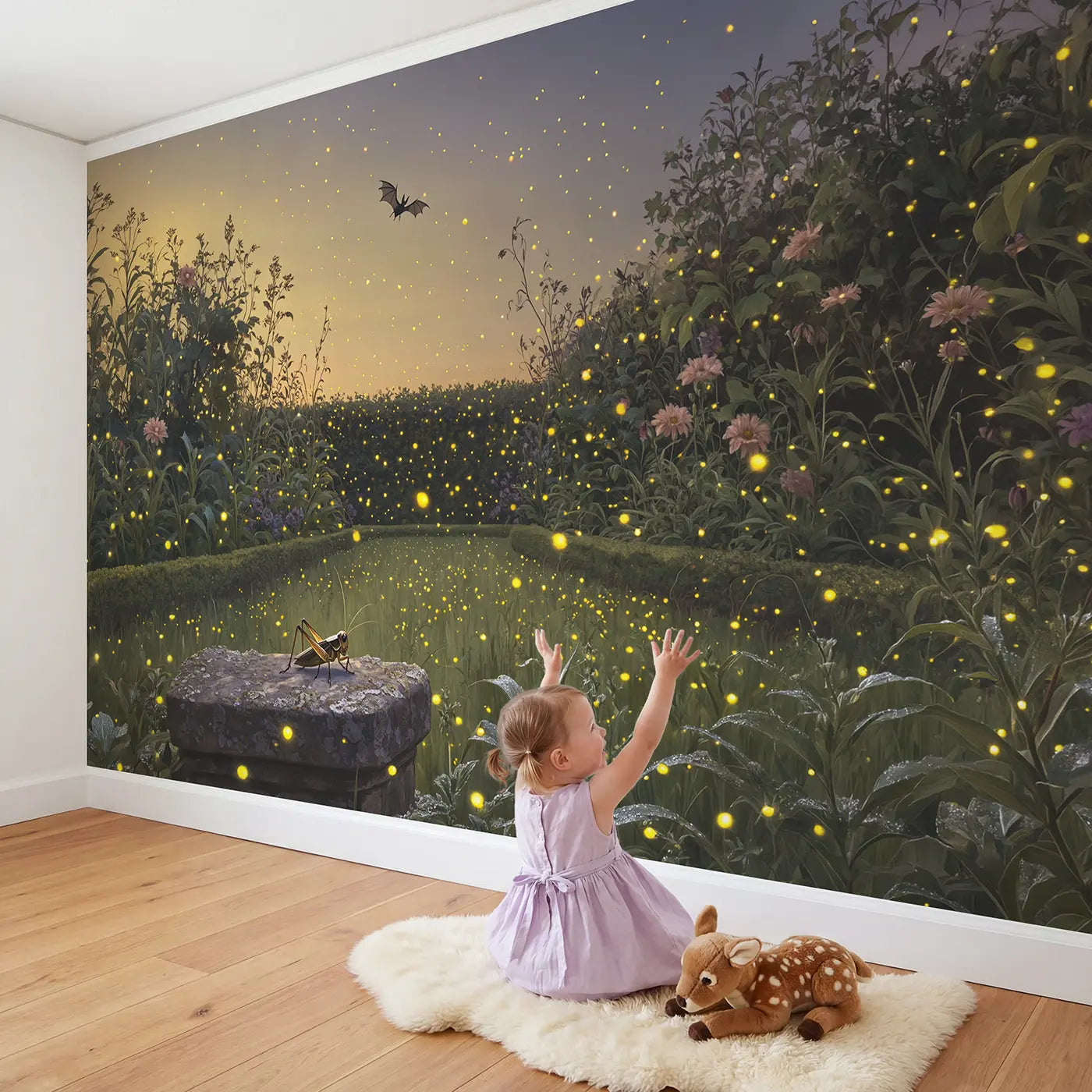 Child in nursery with Firefly and Cricket Dusk Concert Wallpaper Mural by Whimsy Tots