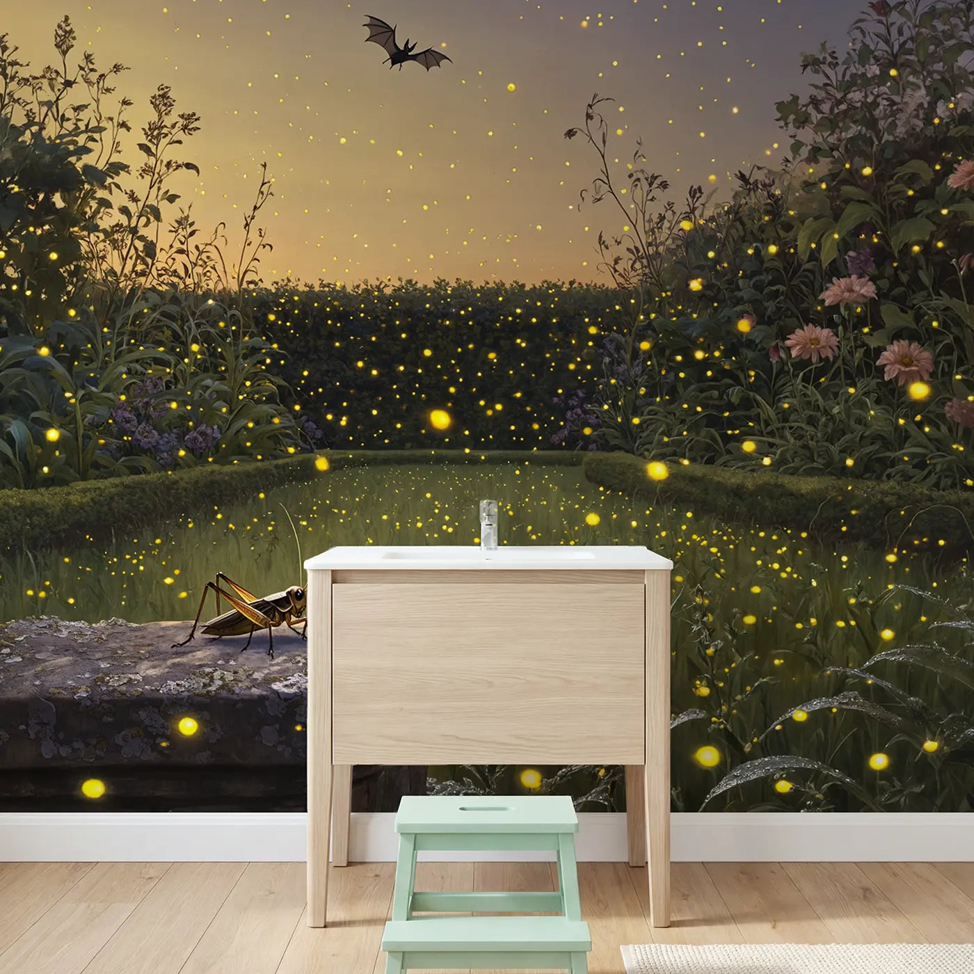 Firefly and Cricket Dusk Concert Wallpaper Mural in playroom setting by Whimsy Tots
