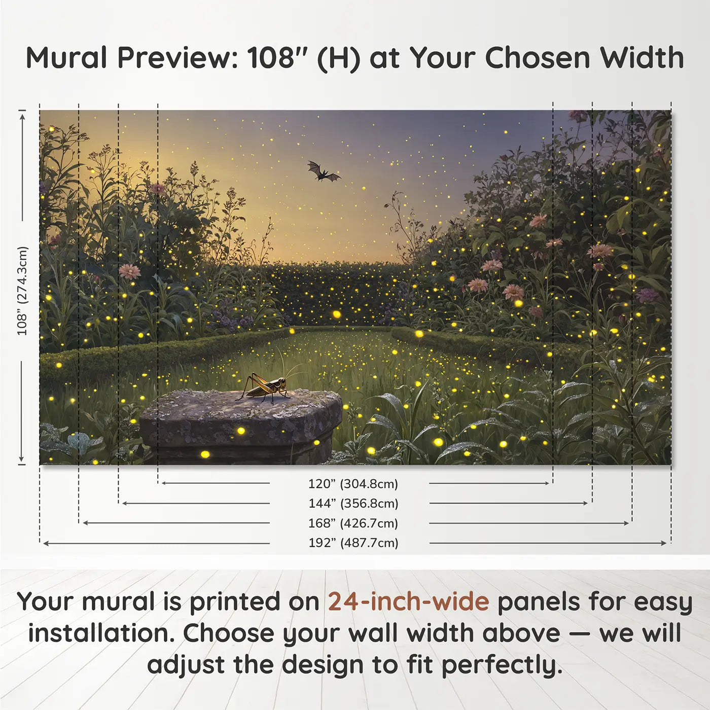 Panel layout and dimensions for Firefly and Cricket Dusk Concert Wallpaper Mural by Whimsy Tots