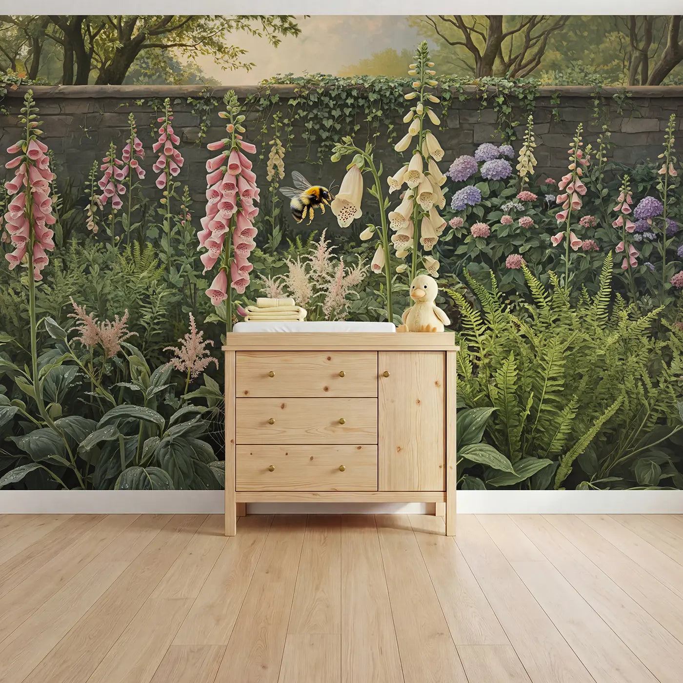botanical elegance bumblebee foxglove garden wallpaper mural for kids room by Whimsy Tots