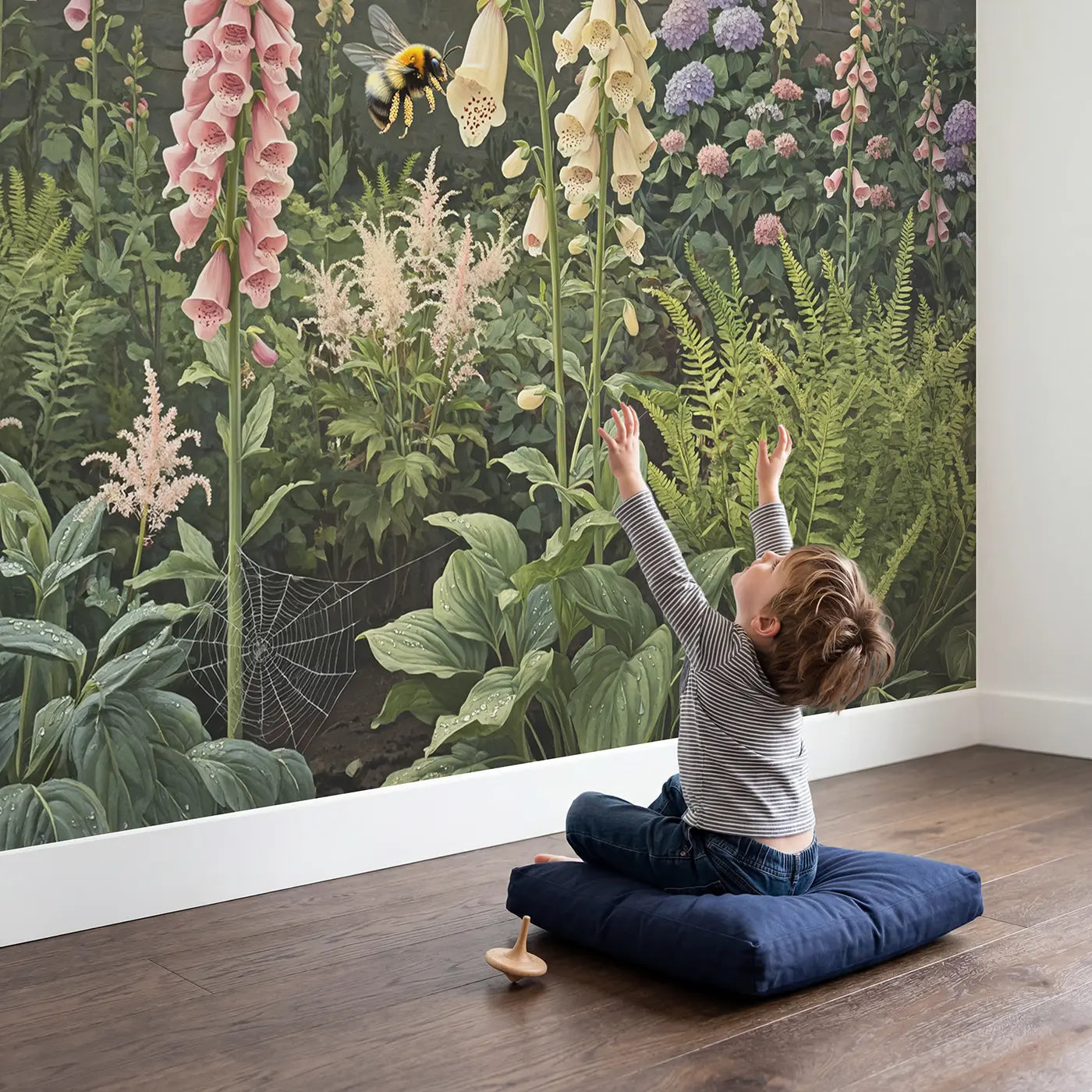 Child in nursery with Foxglove Bumblebee Garden Wallpaper Mural by Whimsy Tots