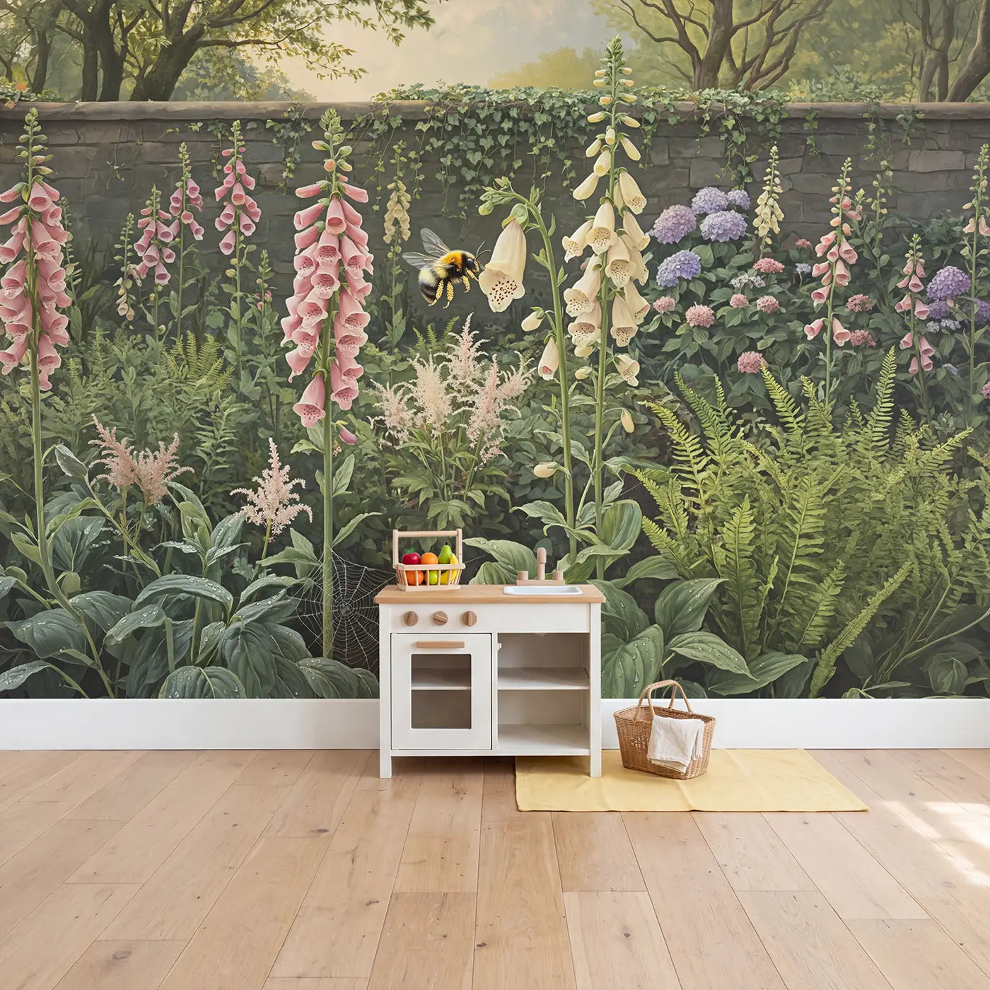 Foxglove Bumblebee Garden Wallpaper Mural in playroom setting by Whimsy Tots
