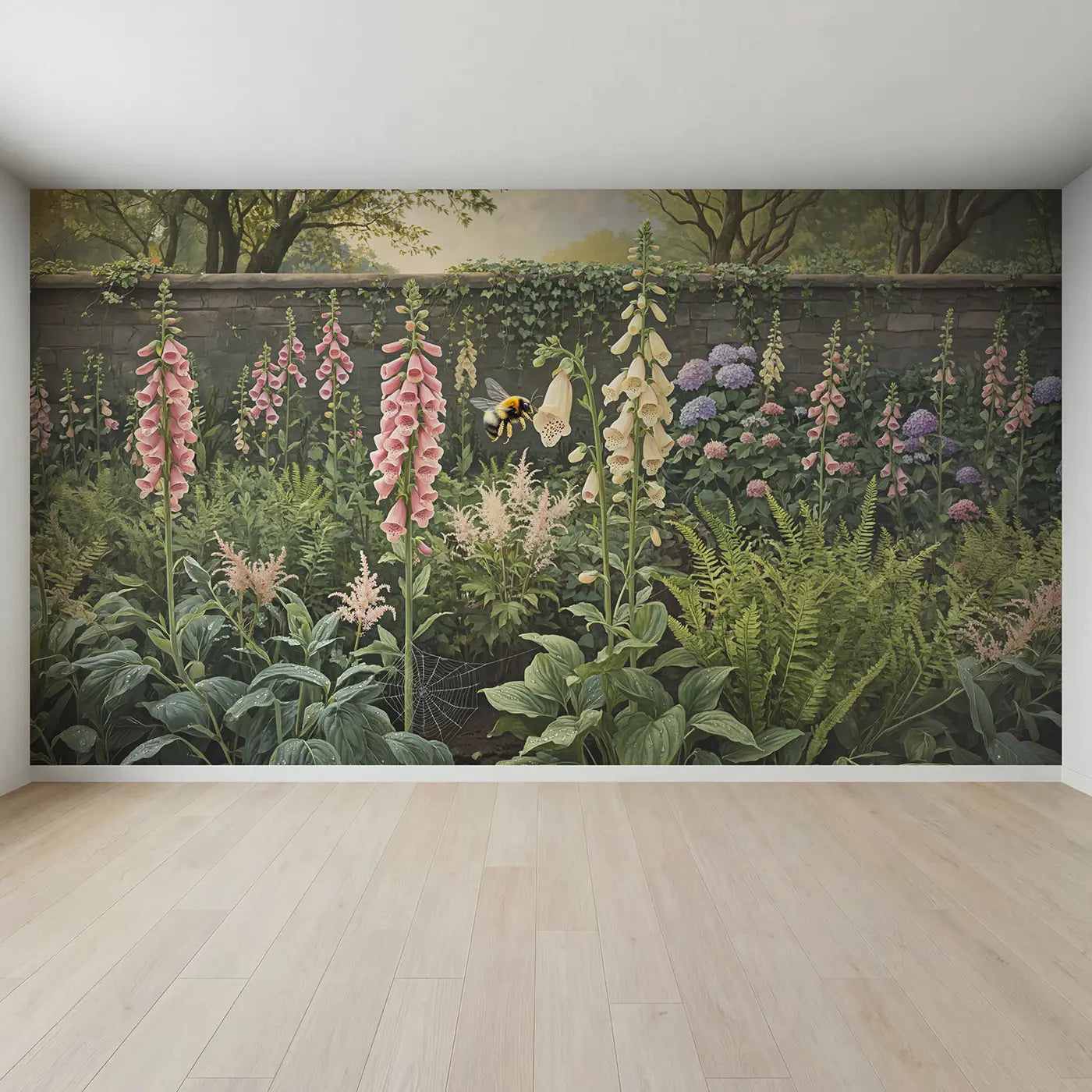 Full view of Foxglove Bumblebee Garden Wallpaper Mural by Whimsy Tots