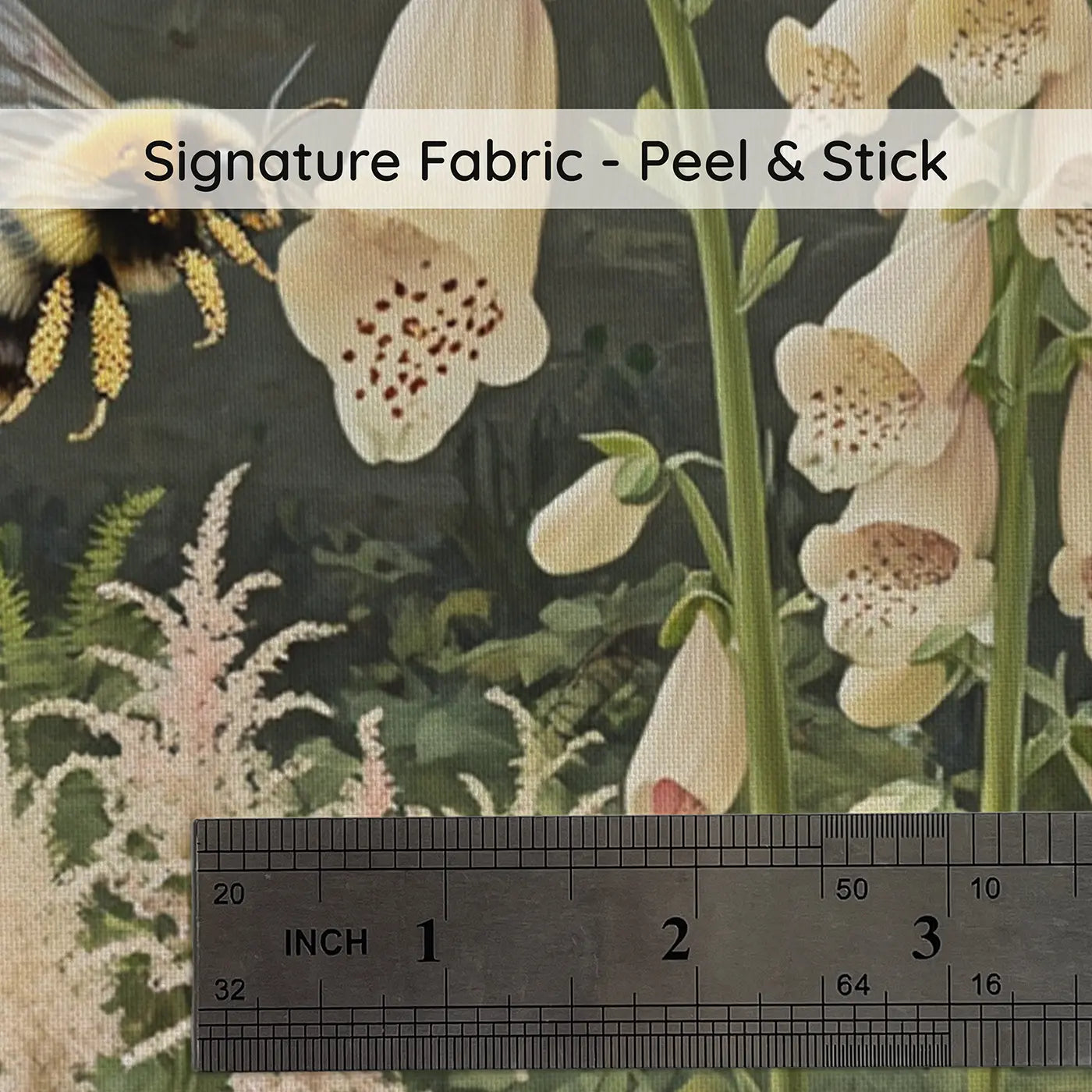 Fabric texture close-up of Foxglove Bumblebee Garden Wallpaper Mural by Whimsy Tots