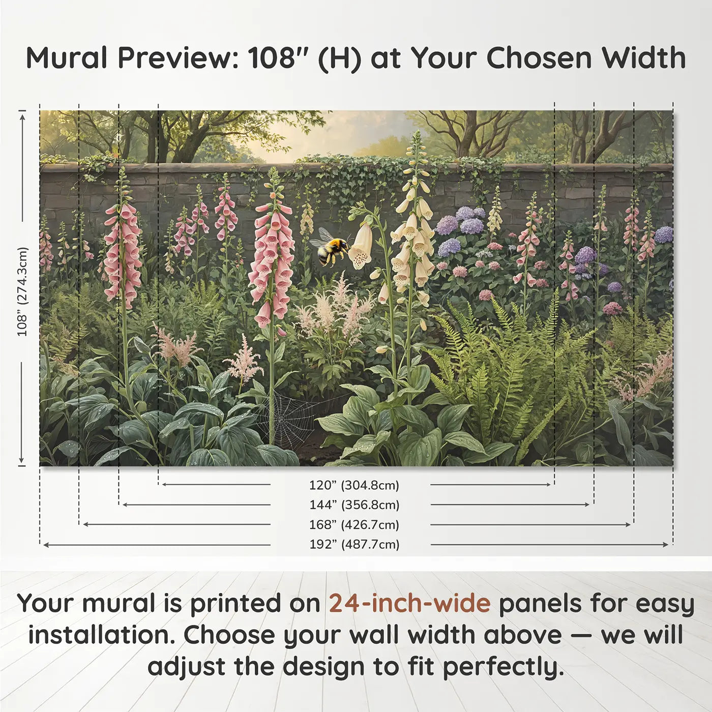 Panel layout and dimensions for Foxglove Bumblebee Garden Wallpaper Mural by Whimsy Tots