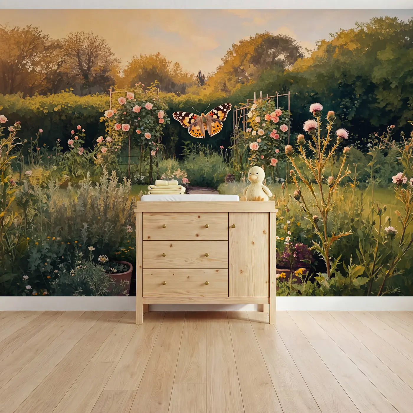Soft pastel butterfly thistle garden wallpaper mural for kids room by Whimsy Tots
