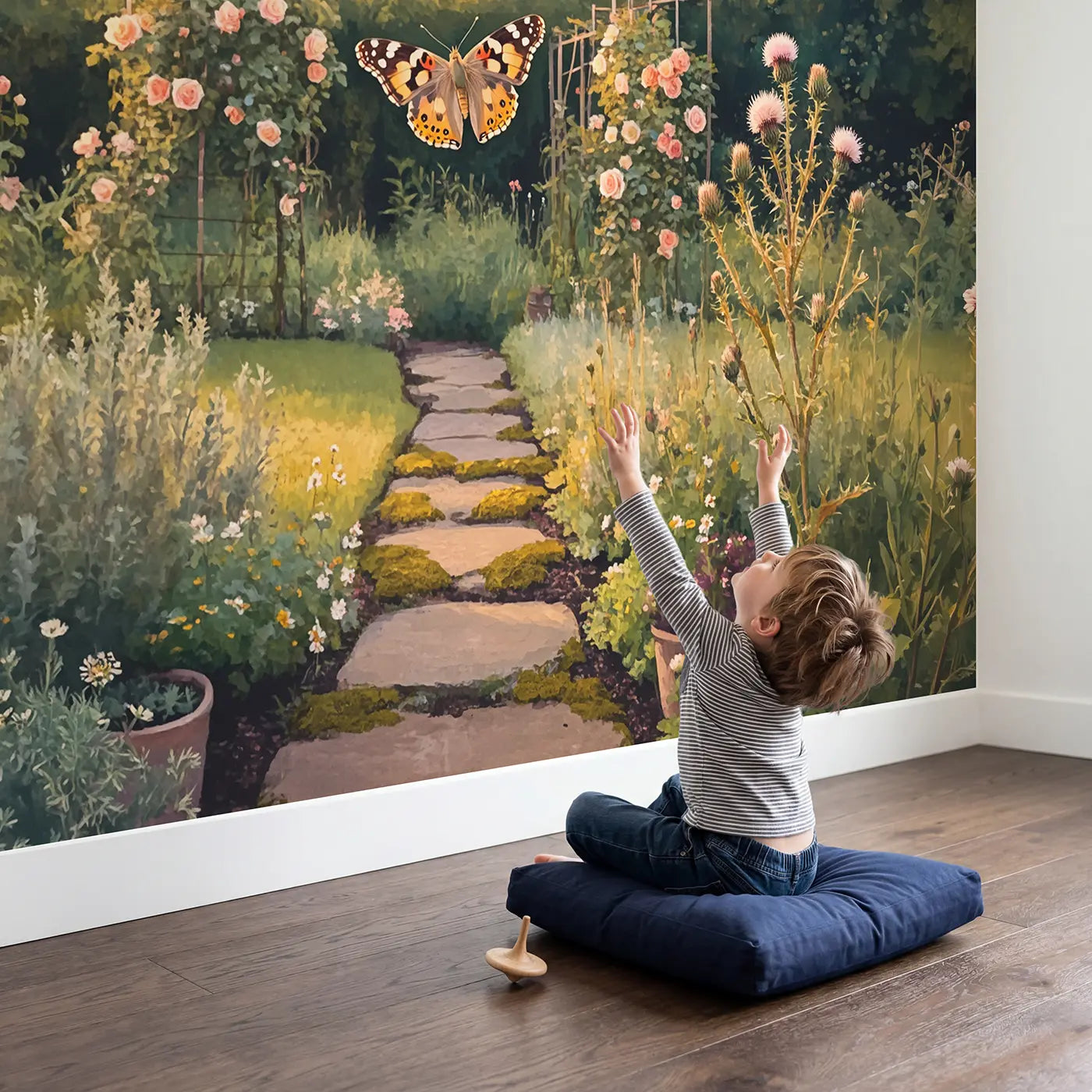 Child in nursery with Painted Lady Butterfly Thistle Wallpaper Mural by Whimsy Tots