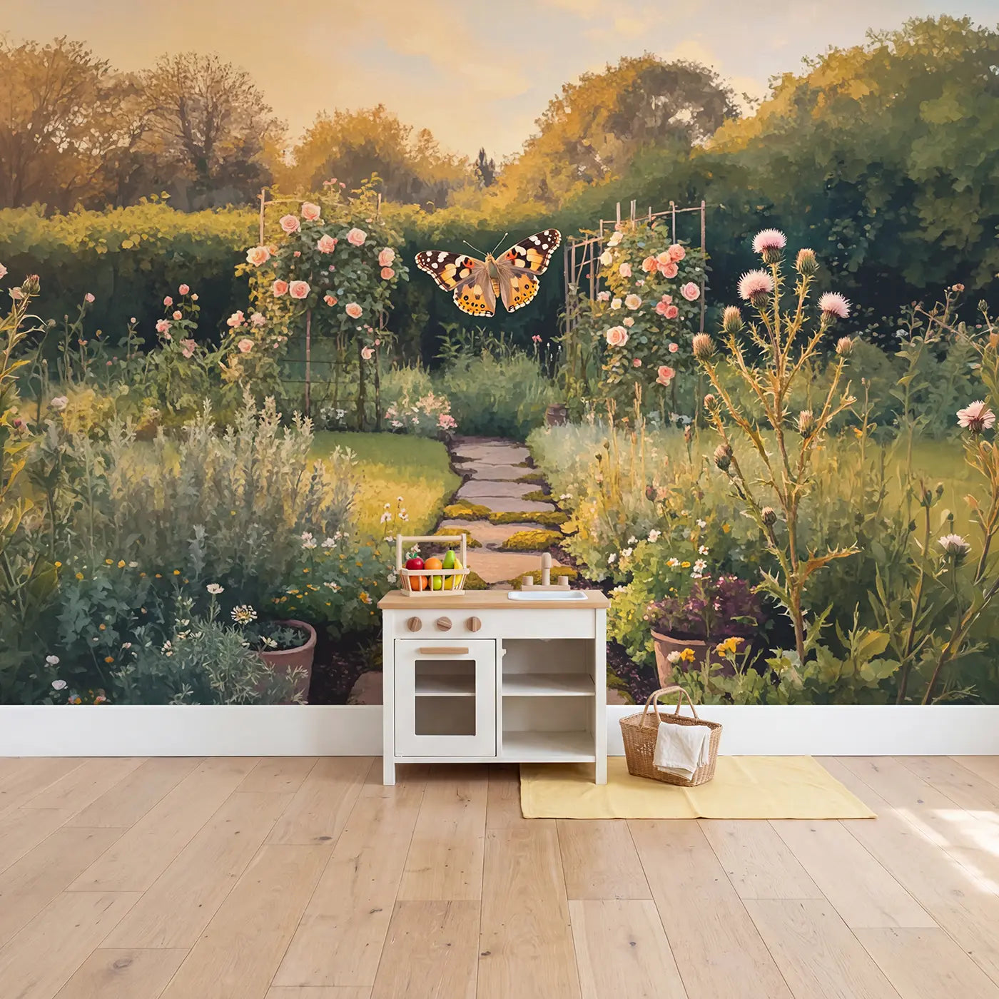 Painted Lady Butterfly Thistle Wallpaper Mural in playroom setting by Whimsy Tots
