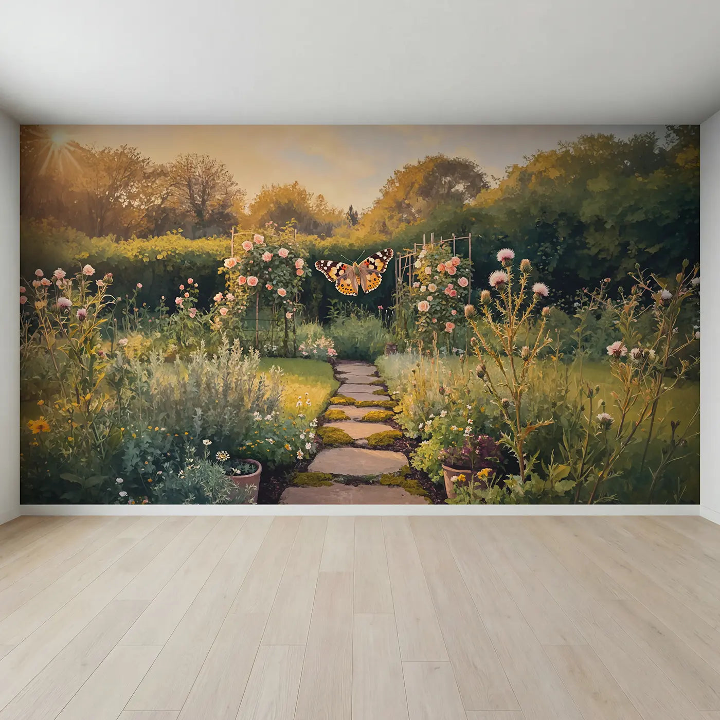 Full view of Painted Lady Butterfly Thistle Wallpaper Mural by Whimsy Tots