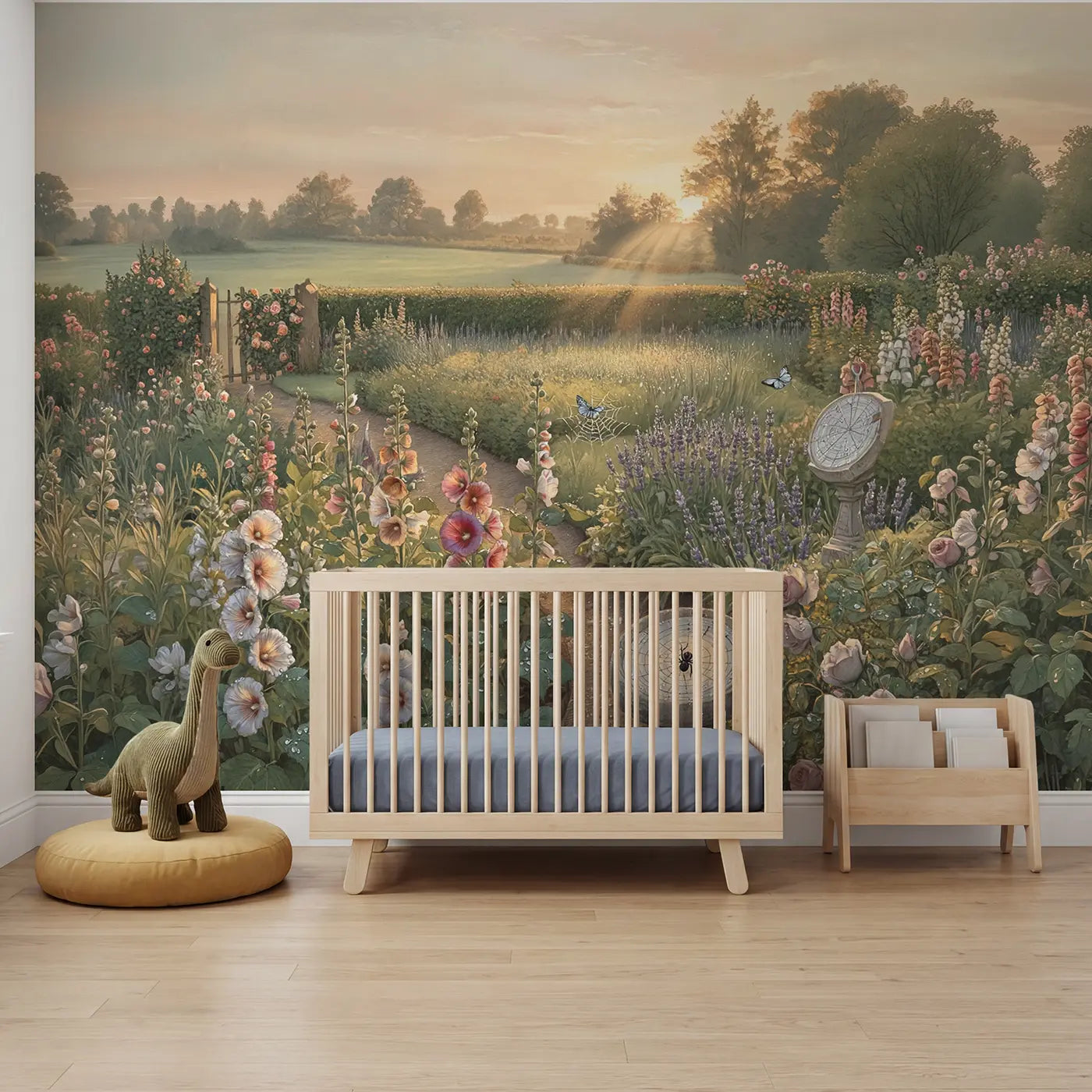 Storybook dewy garden with spider webs wallpaper mural for boys room by Whimsy Tots