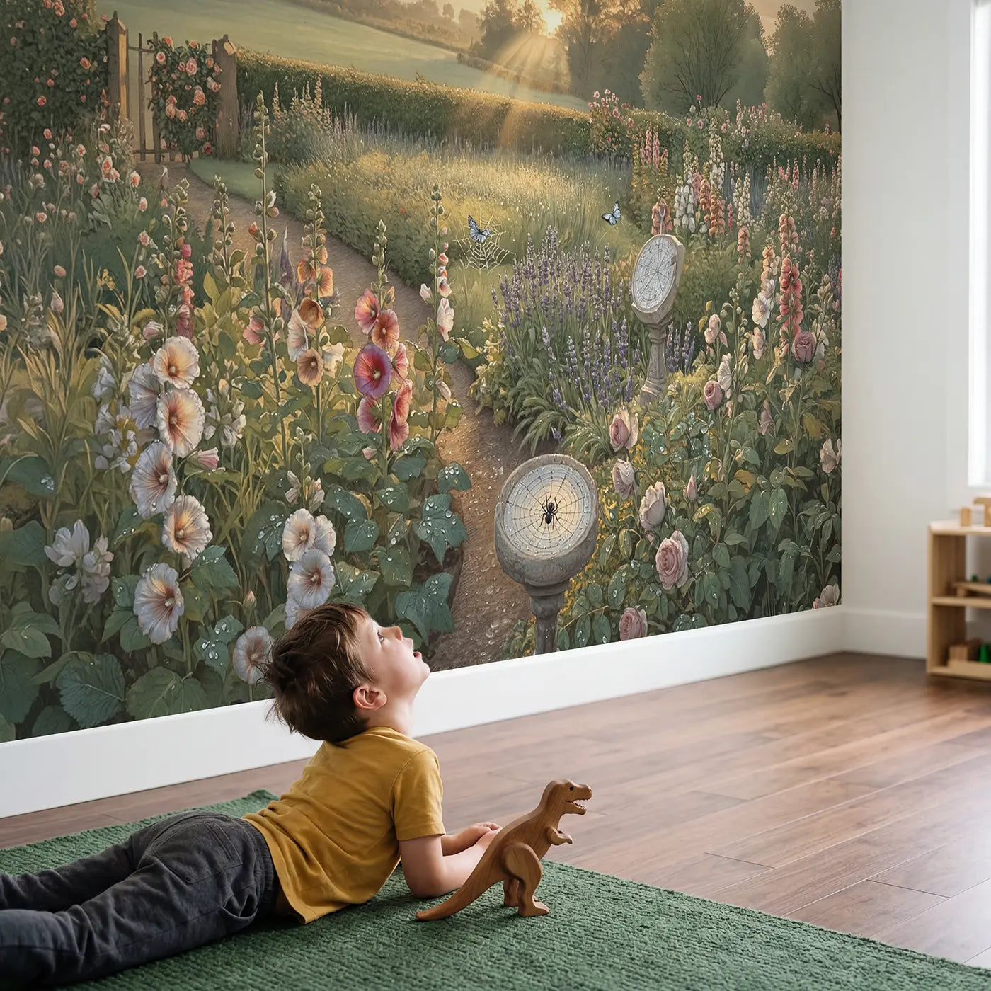Child in nursery with Crystal Dew Morning Garden Wallpaper Mural by Whimsy Tots