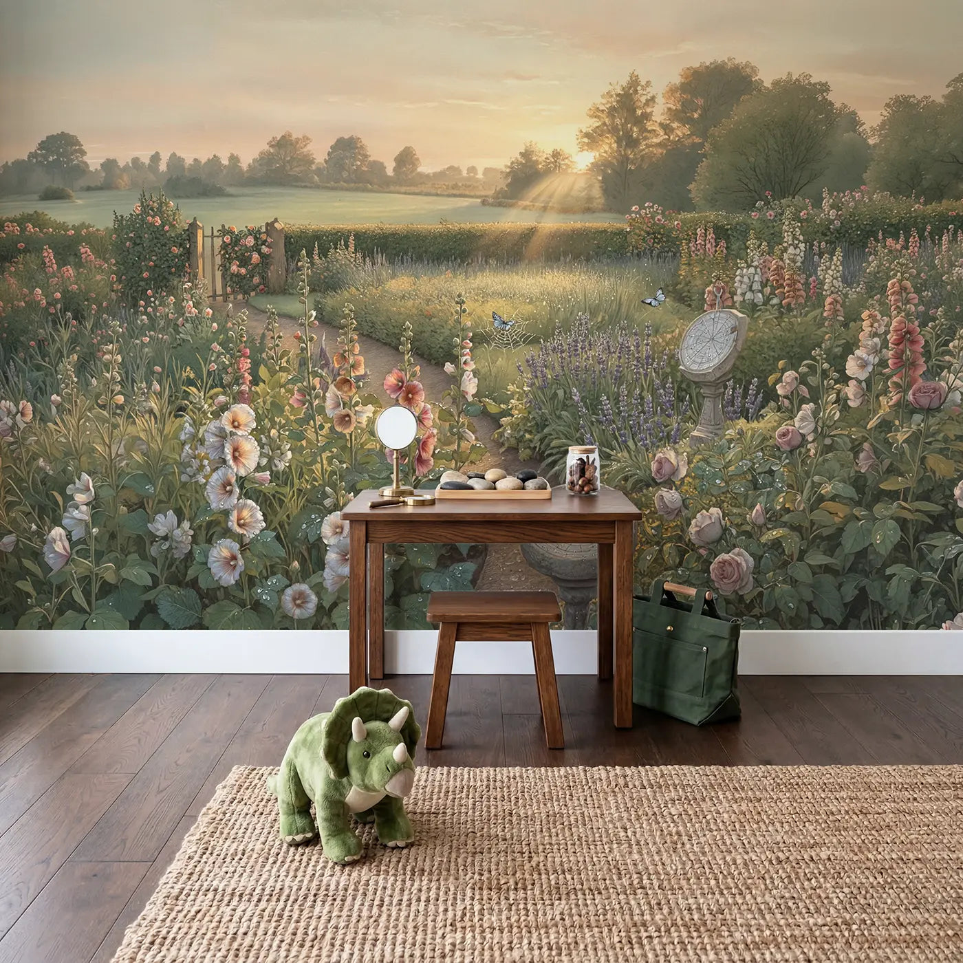 Crystal Dew Morning Garden Wallpaper Mural in playroom setting by Whimsy Tots