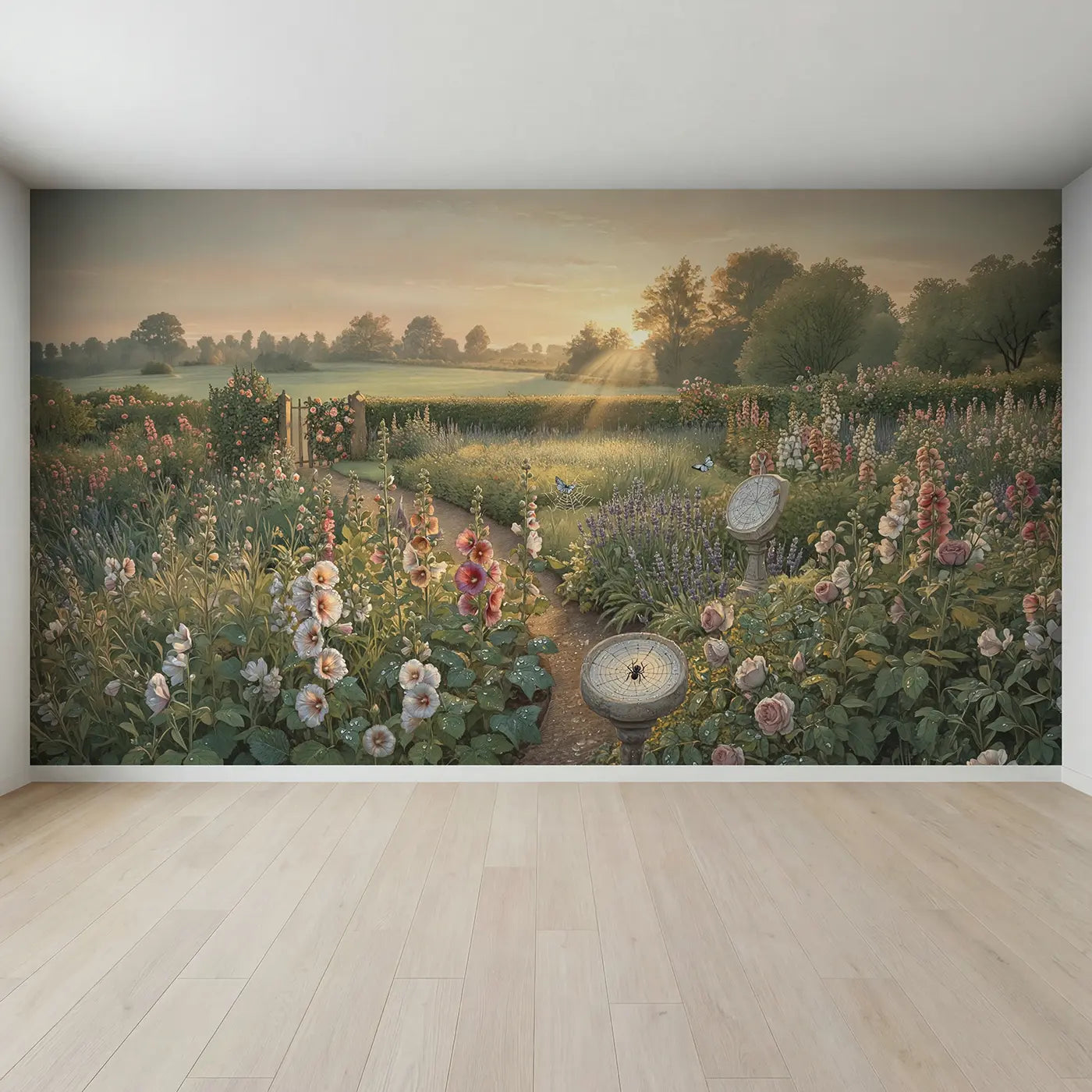 Full view of Crystal Dew Morning Garden Wallpaper Mural by Whimsy Tots