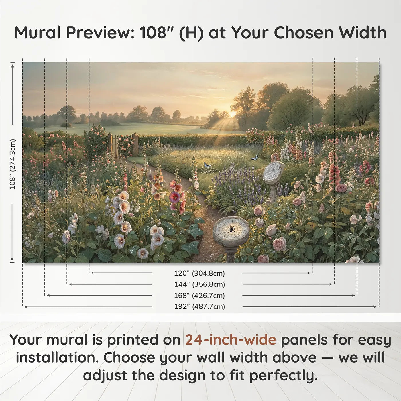 Panel layout and dimensions for Crystal Dew Morning Garden Wallpaper Mural by Whimsy Tots
