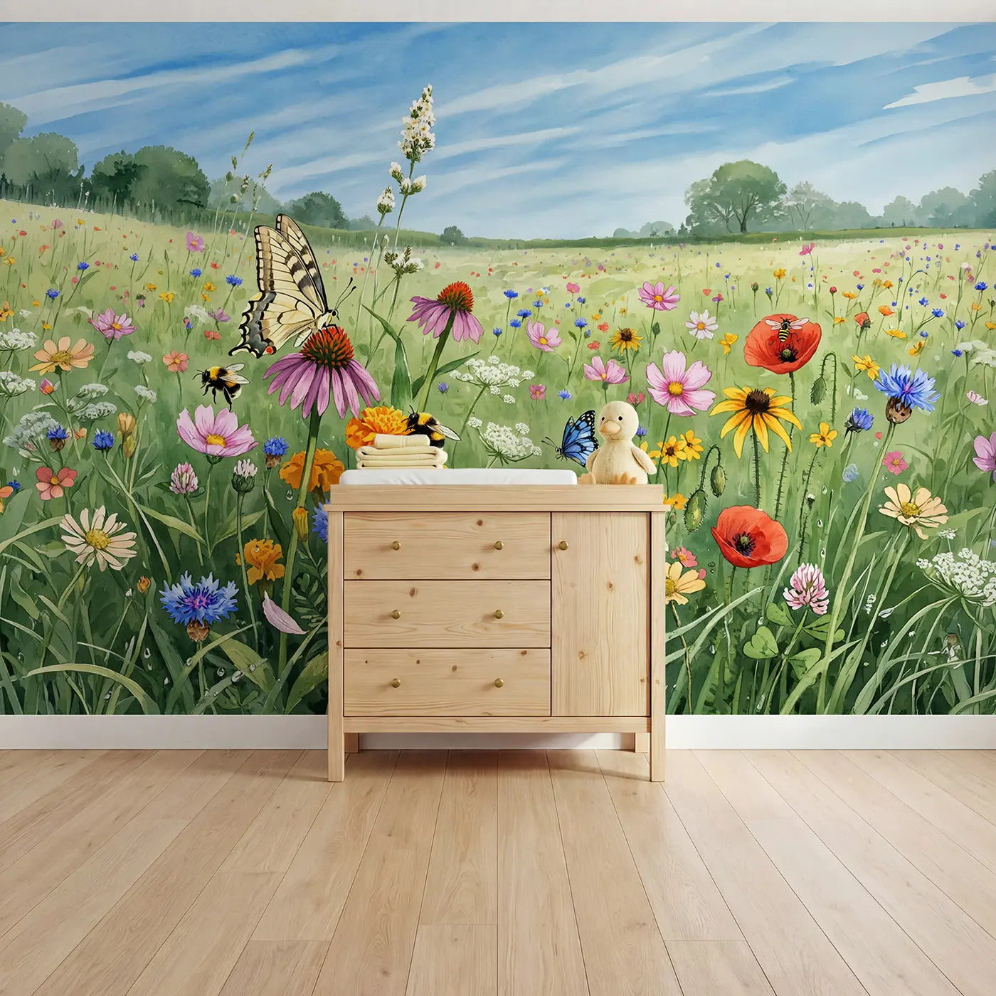 Watercolor butterfly bee wildflower meadow wallpaper mural for nursery by Whimsy Tots