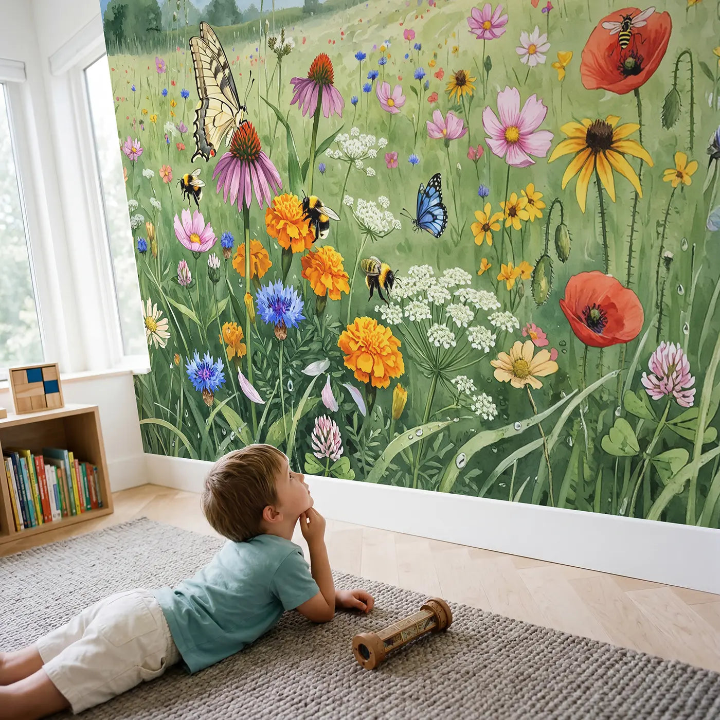 Child in nursery with Butterfly Bee Meadow Wallpaper Mural by Whimsy Tots