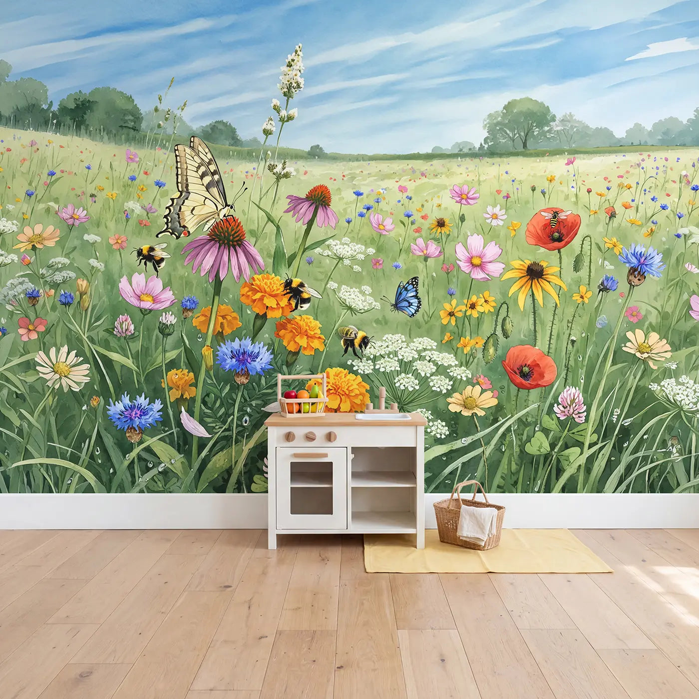 Butterfly Bee Meadow Wallpaper Mural in playroom setting by Whimsy Tots