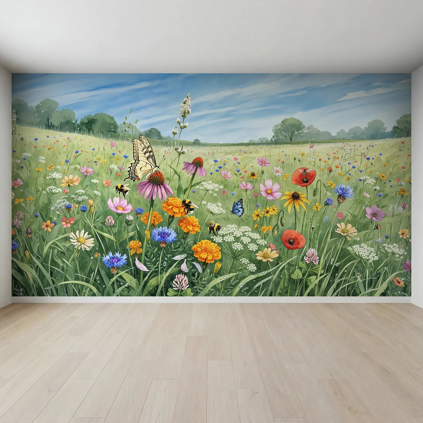 Full view of Butterfly Bee Meadow Wallpaper Mural by Whimsy Tots