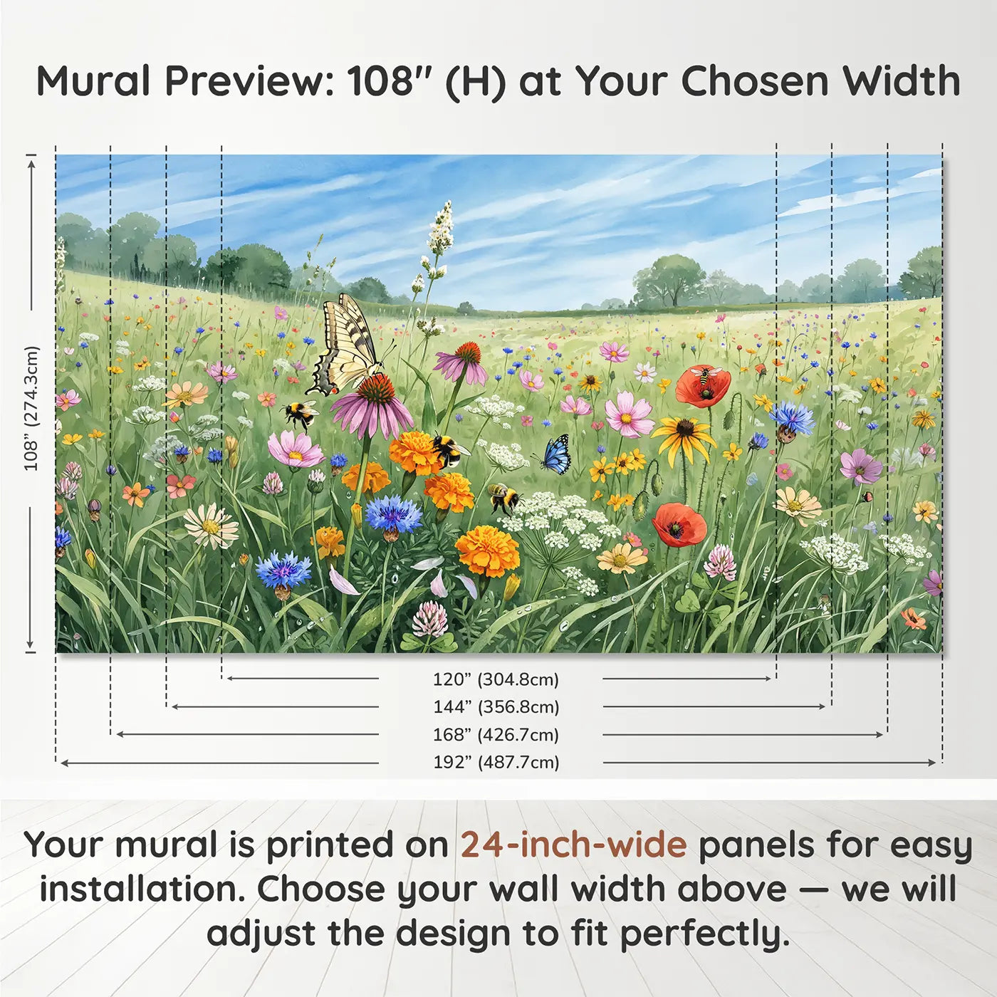 Panel layout and dimensions for Butterfly Bee Meadow Wallpaper Mural by Whimsy Tots