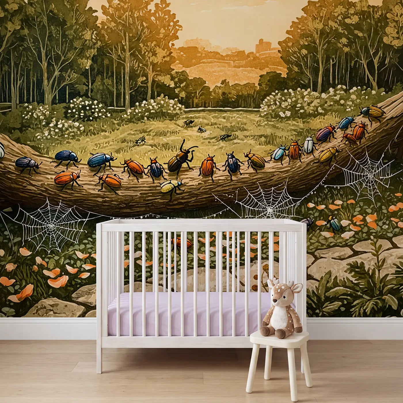 Block print beetle parade log forest wallpaper mural for nursery by Whimsy Tots