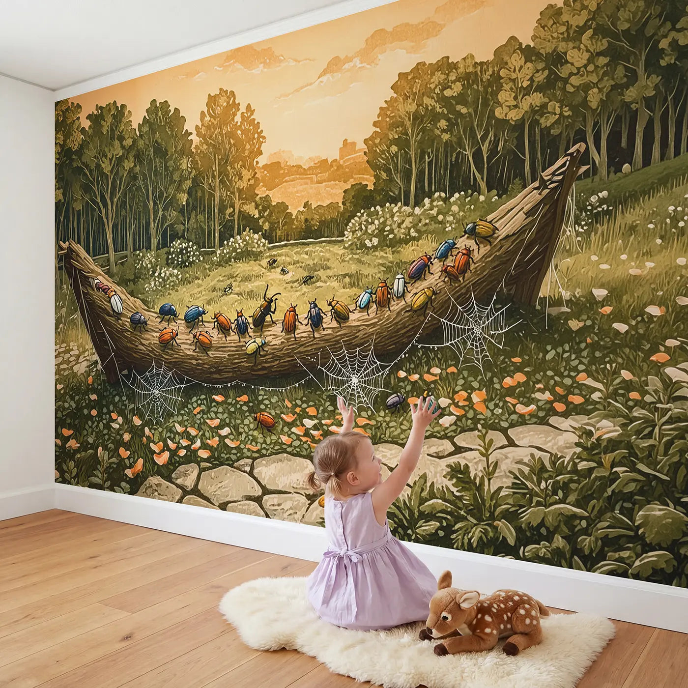 Child in nursery with Beetle Parade Fallen Log Wallpaper Mural by Whimsy Tots