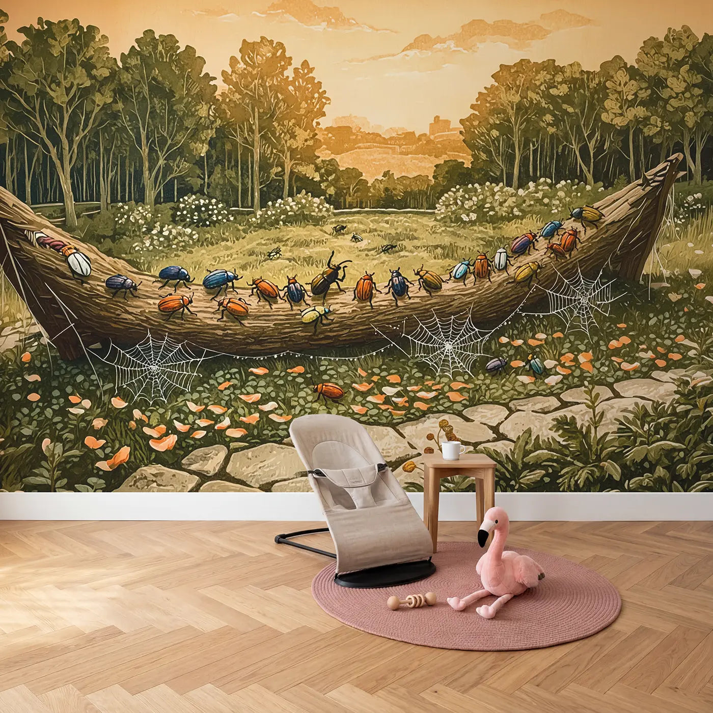 Beetle Parade Fallen Log Wallpaper Mural in playroom setting by Whimsy Tots