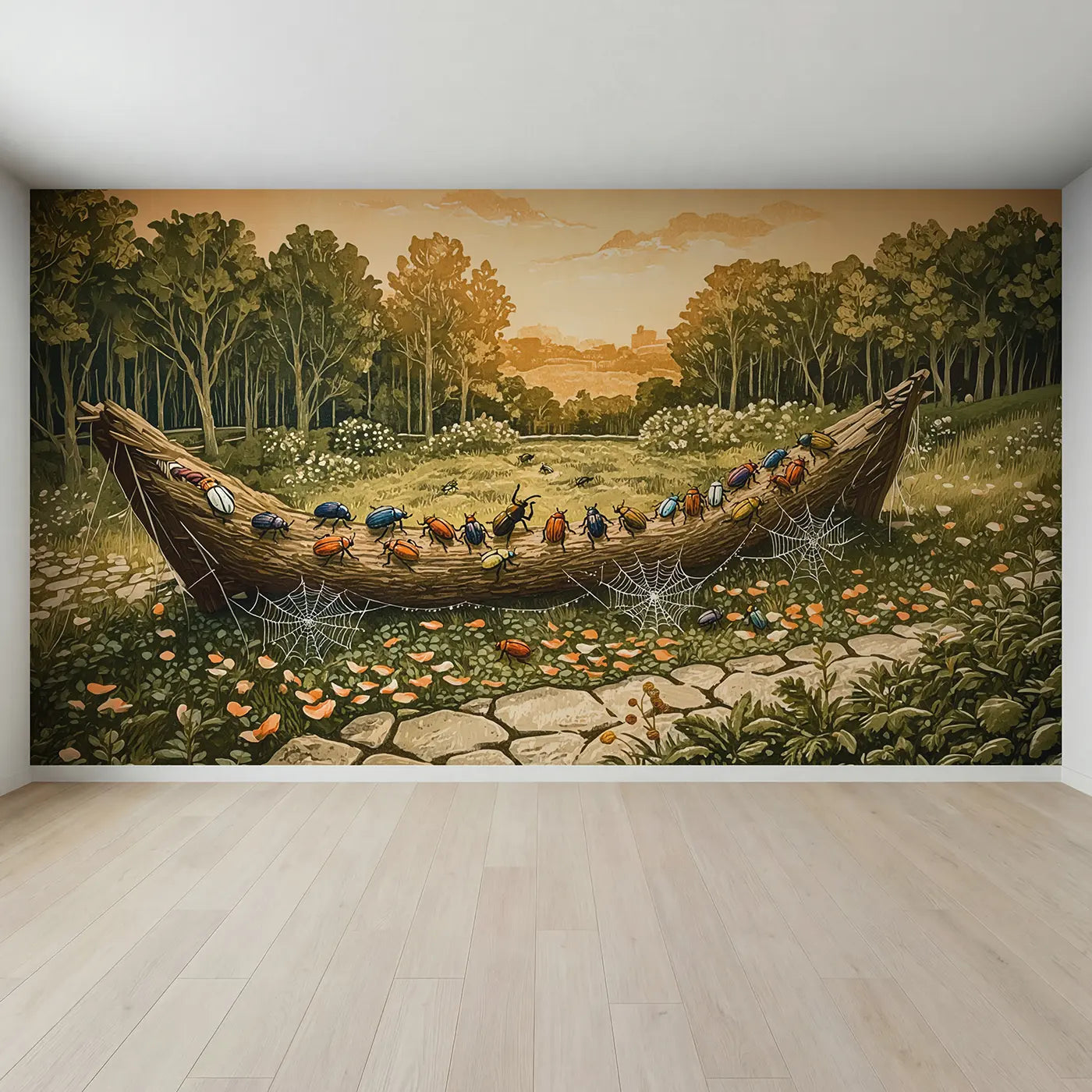 Full view of Beetle Parade Fallen Log Wallpaper Mural by Whimsy Tots
