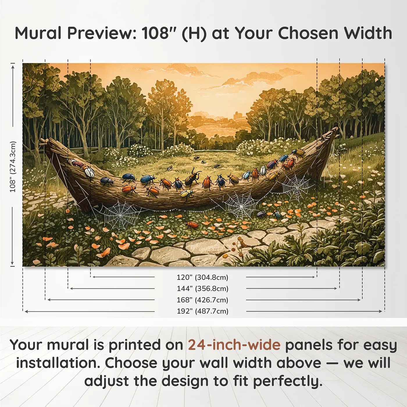 Panel layout and dimensions for Beetle Parade Fallen Log Wallpaper Mural by Whimsy Tots