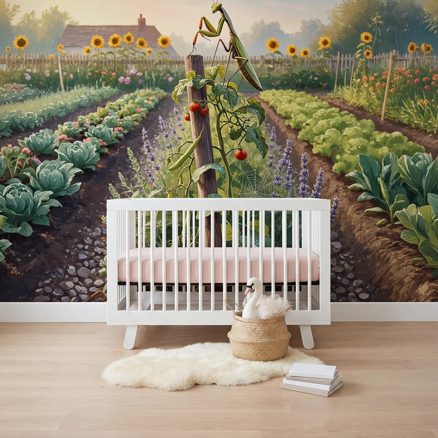 soft pastel praying mantis garden morning wallpaper mural for girls room by Whimsy Tots